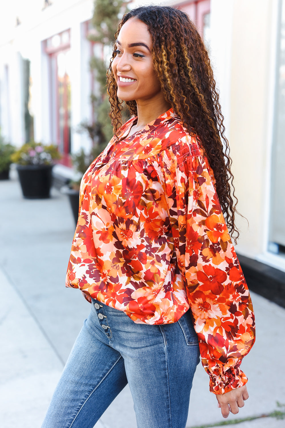 Fall Vibes Rust Floral Print Notched Neck Smocked Satin Top