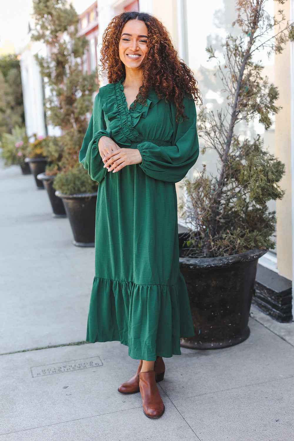 Beautiful You Holiday Green Overlap Ruffle V Neck Midi Dress