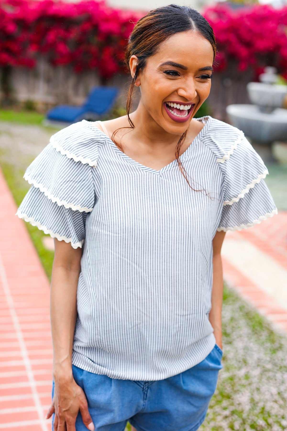 Lovely In Gray Stripe Tiered Ruffle Sleeve Ric Rac Trim Top