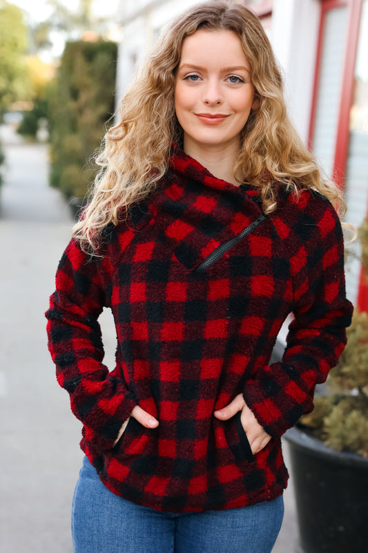 Cozy Red Sherpa Plaid Asymmetrical Zip Sweater Top