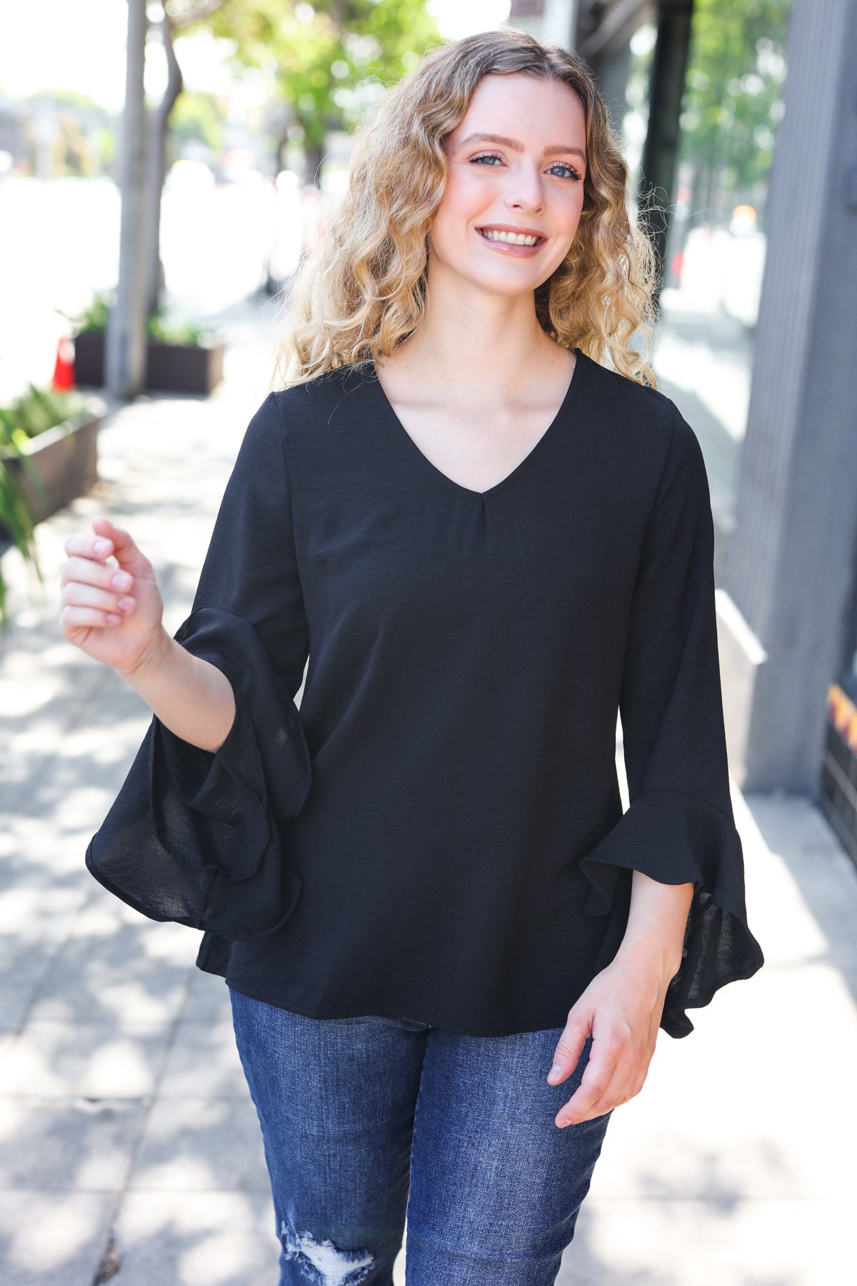 Falling In Love Black Hi-Lo Ruffle Sleeve Woven Top