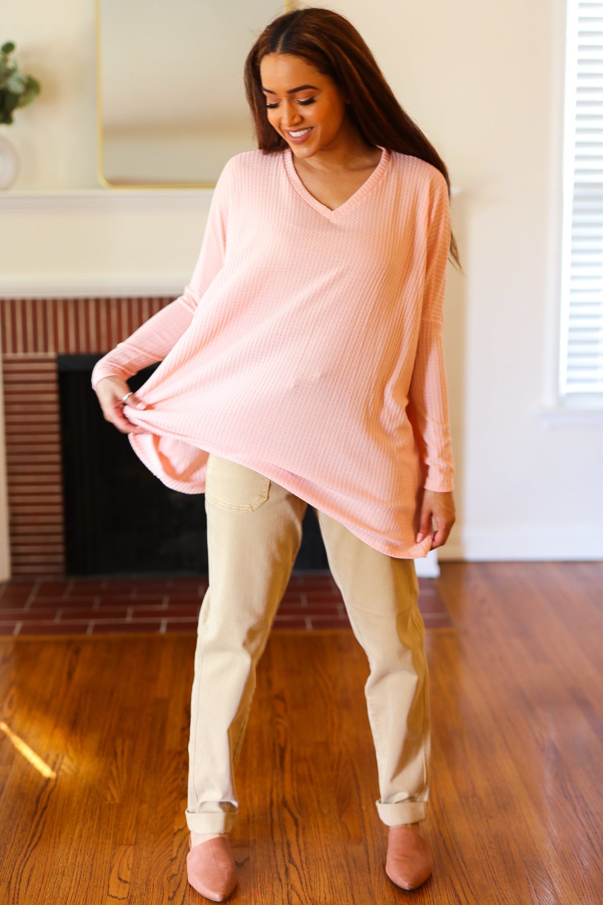 All For Love Peach Waffle Knit V Neck Dolman Top