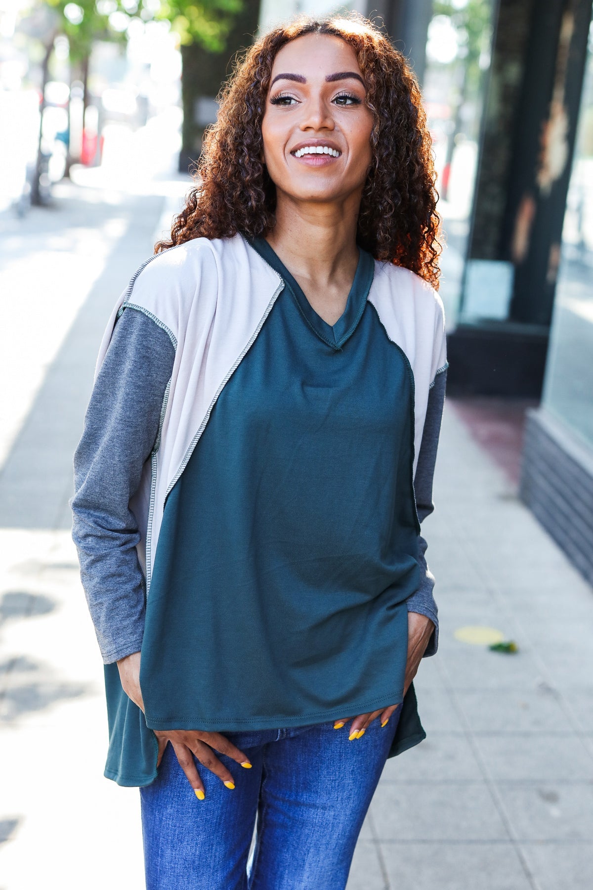 Stand Out Hunter Green V Neck Raglan Color Block Outseam Top