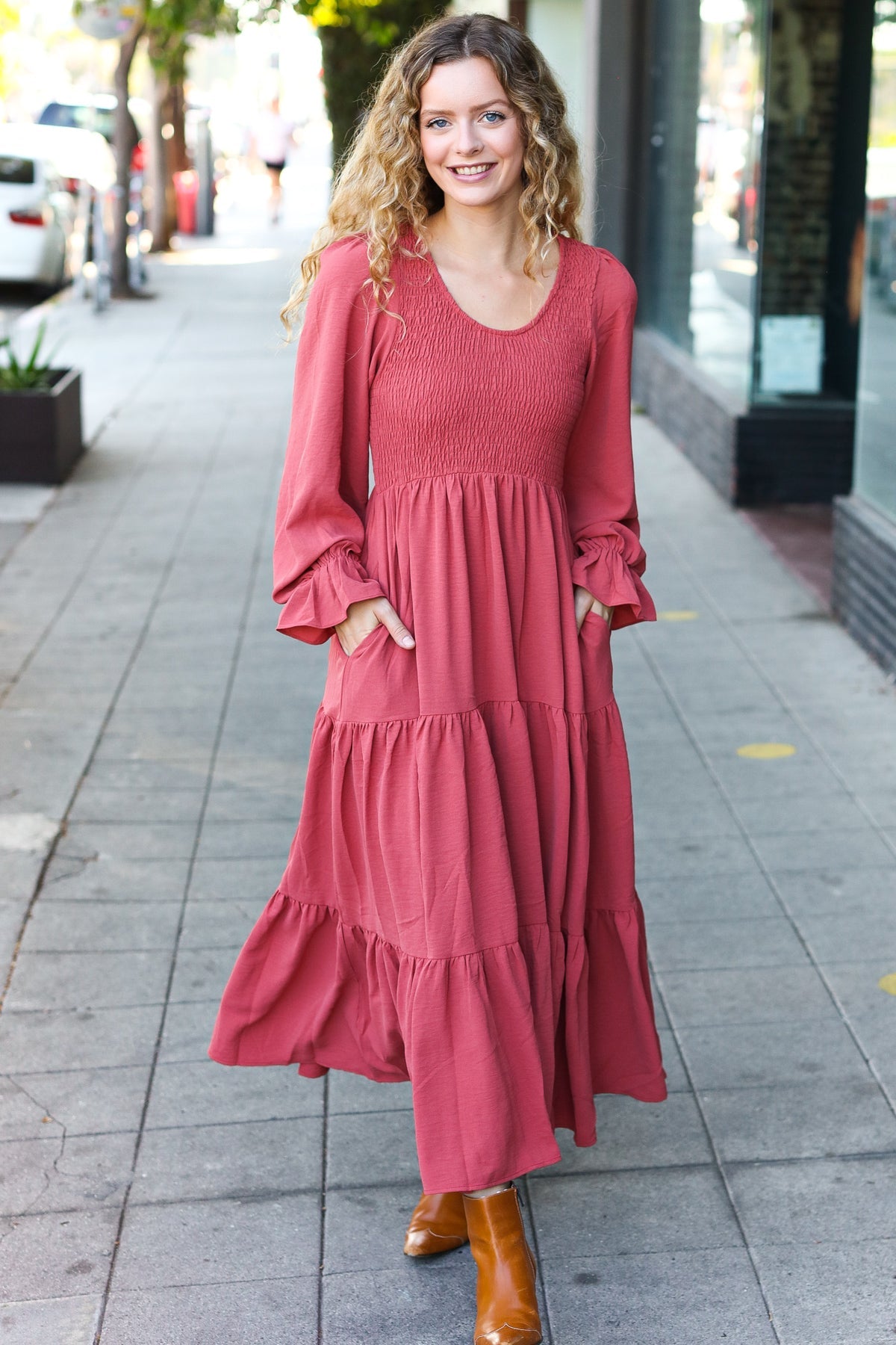 Beautiful You Lock Eyes Marsala Smocked Ruffle Sleeve Maxi Dress