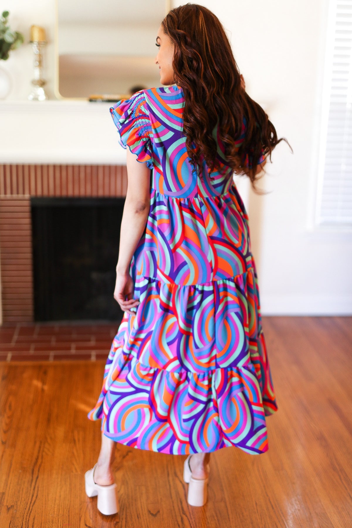 Feel Your Best Purple Abstract Print Smocked Ruffle Sleeve Maxi Dress