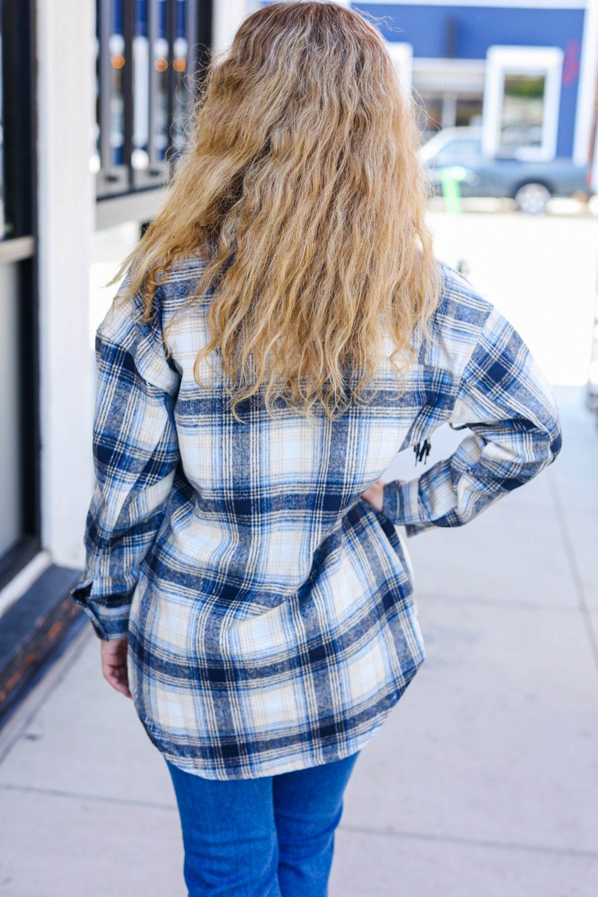 Boldly You Navy Plaid Fringe Button Down Shacket