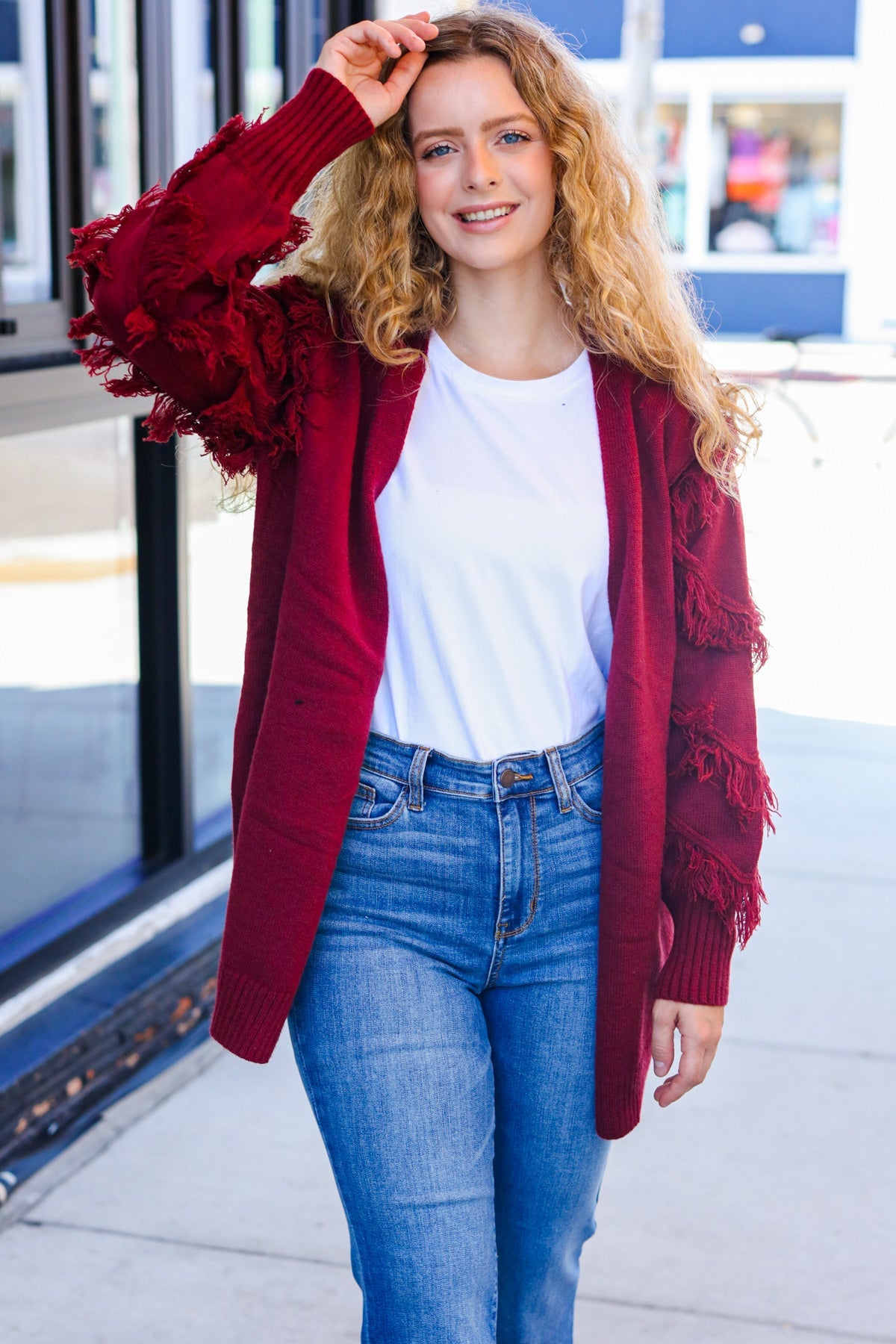 Beautiful You Burgundy Fringe Detail Knit Cardigan