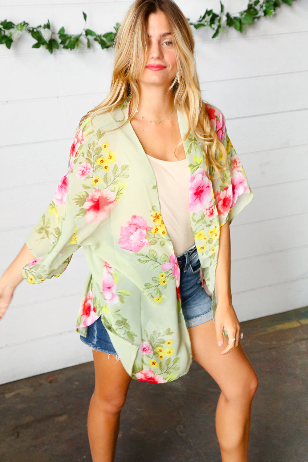 Sage Floral Print Chiffon Cover Up Kimono