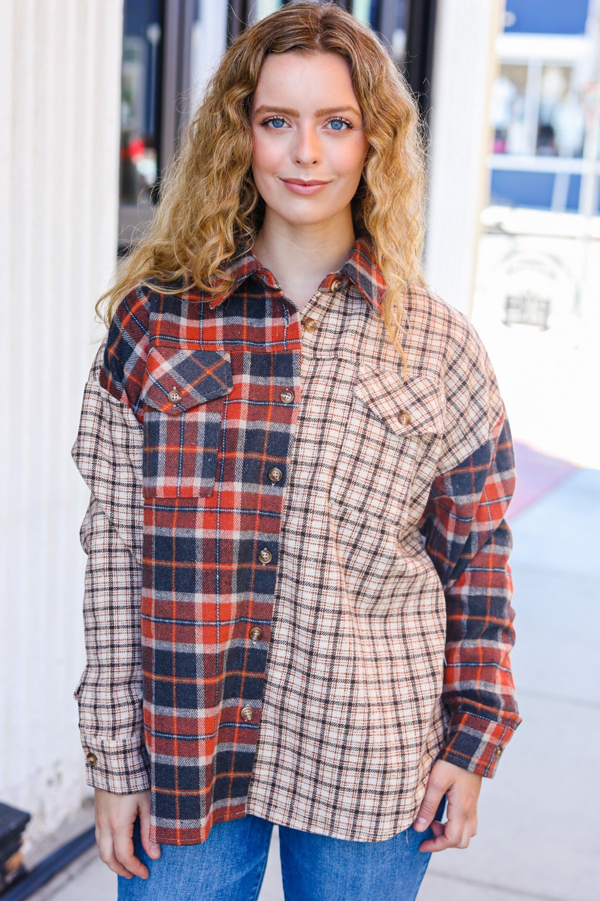 Make A Statement Rust & Taupe Plaid Color Block Shacket