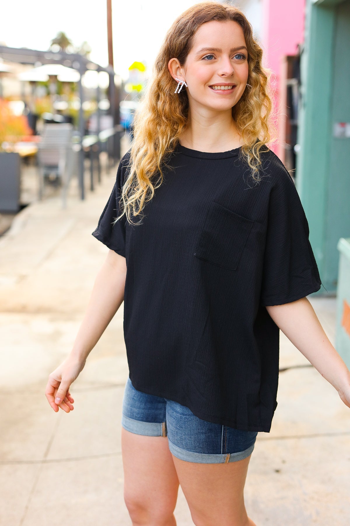 Be Bold Black Crinkle Texture Pocketed Dolman Top