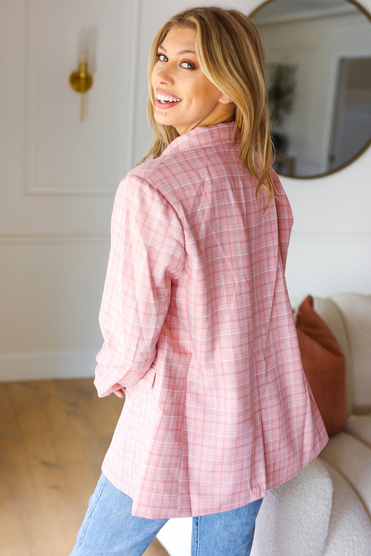 Get To It Pink Plaid Double Breasted Collar Lapel Blazer