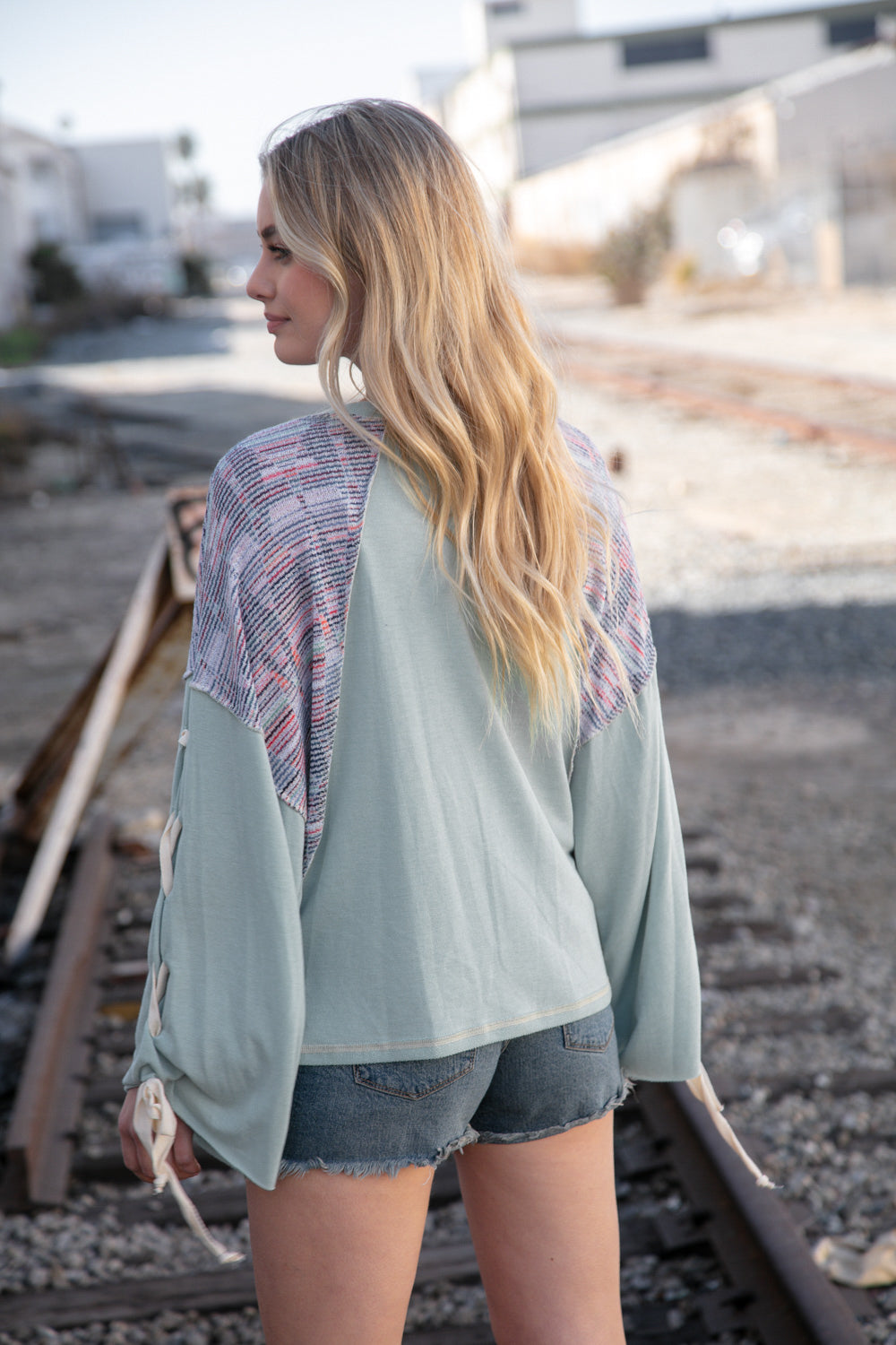 Mint Lace Up Long Sleeve French Terry Oversized Pullover