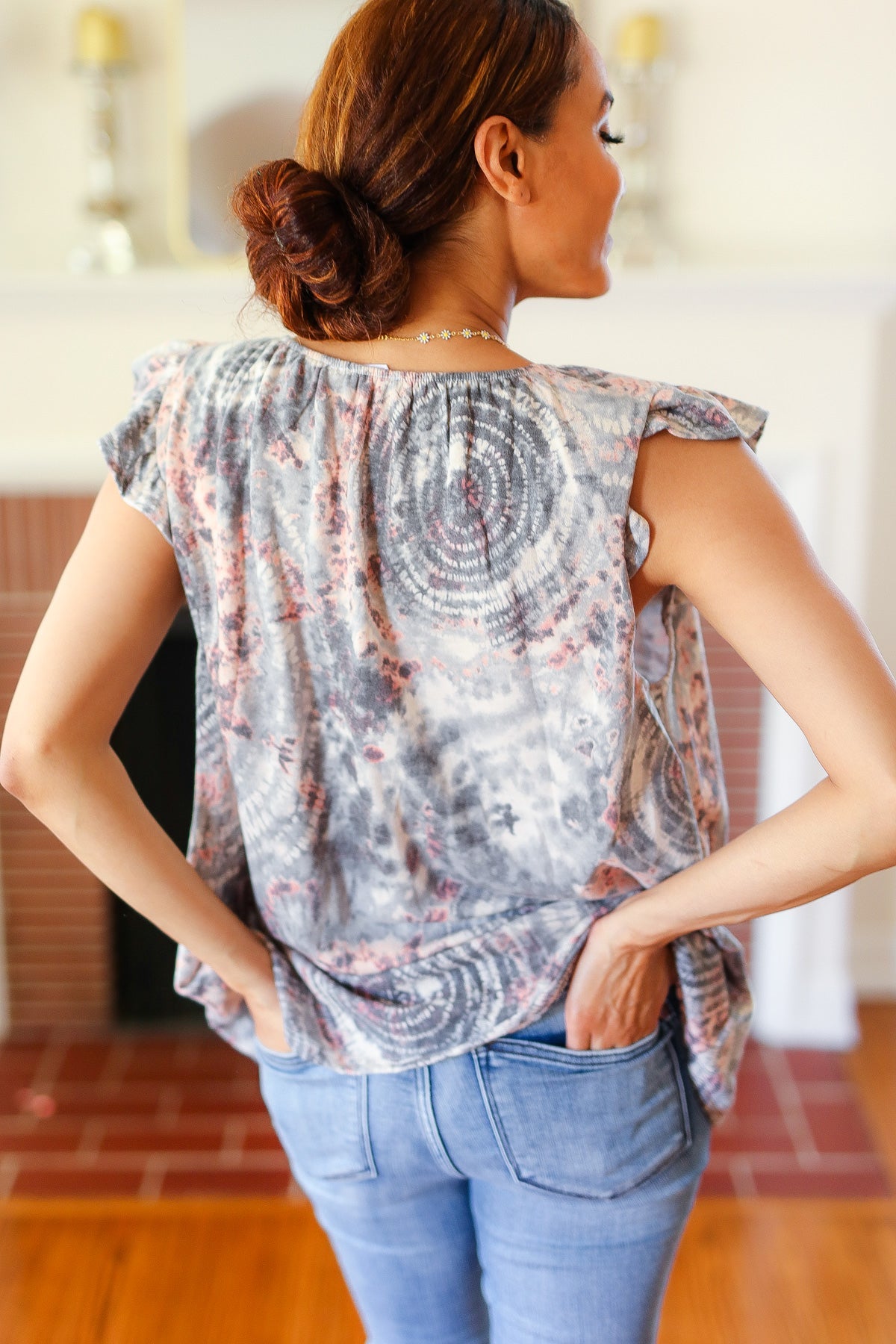 Everyday Gray & Coral Tie Dye Frilled Short Sleeve Yoke Top