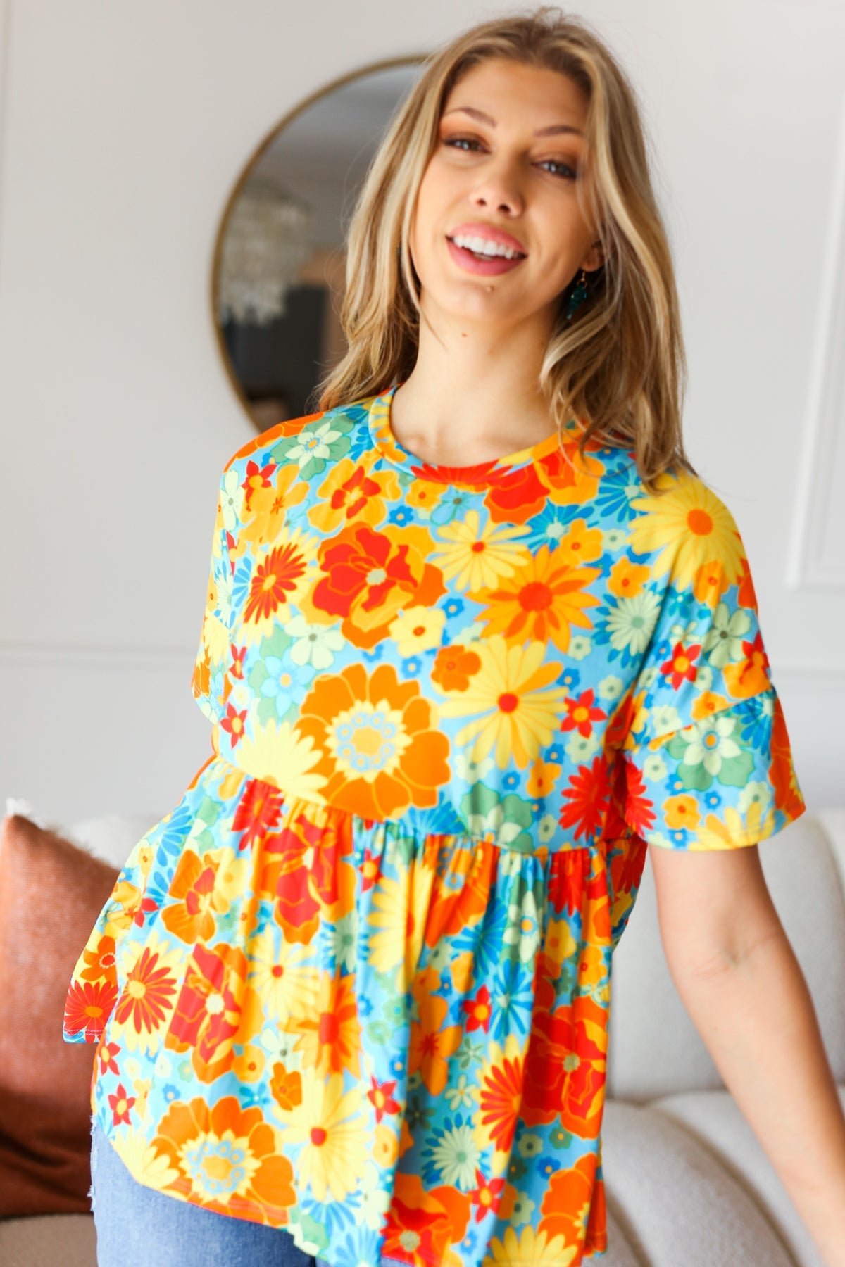 Sunflower& Red Retro Floral Swing Babydoll Top