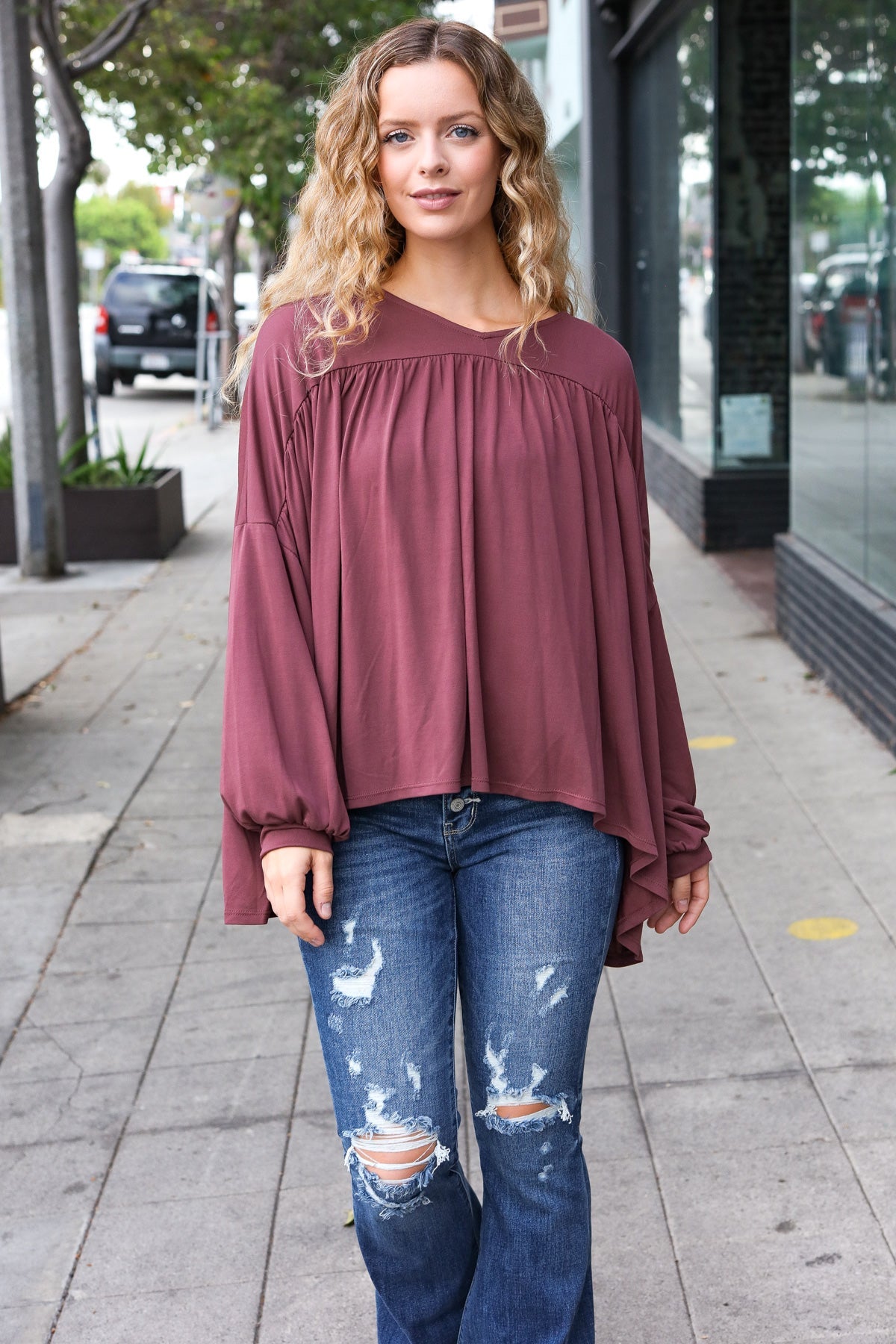 Casual Chic Wine V Neck Yoke Modal Knit Oversized Top