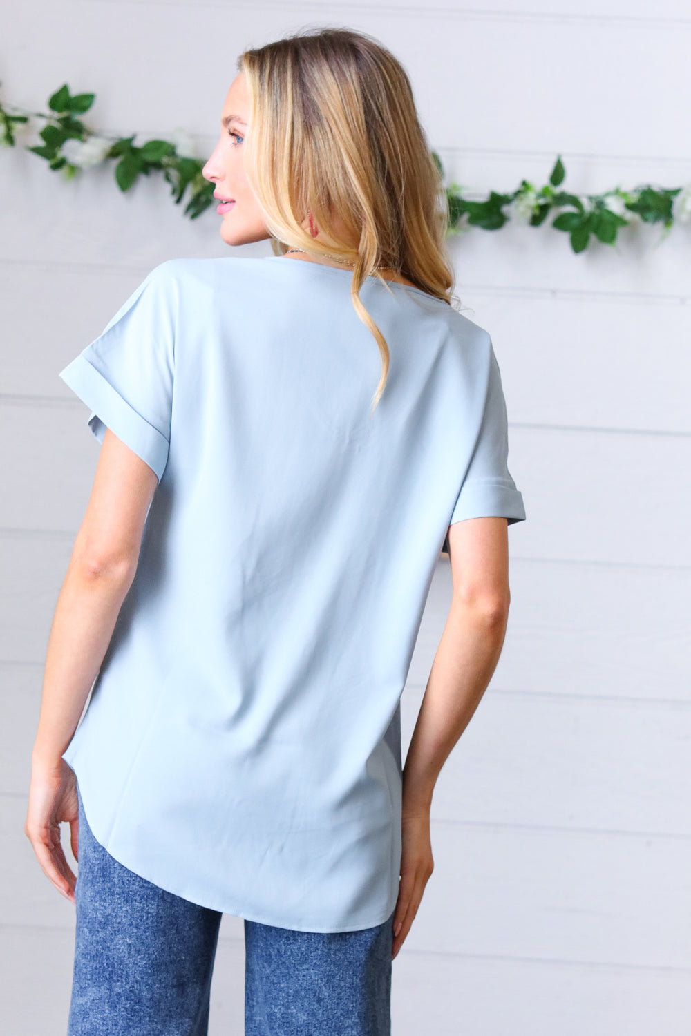 Ash Blue Wool Dobby Rolled Sleeve V Neck Top