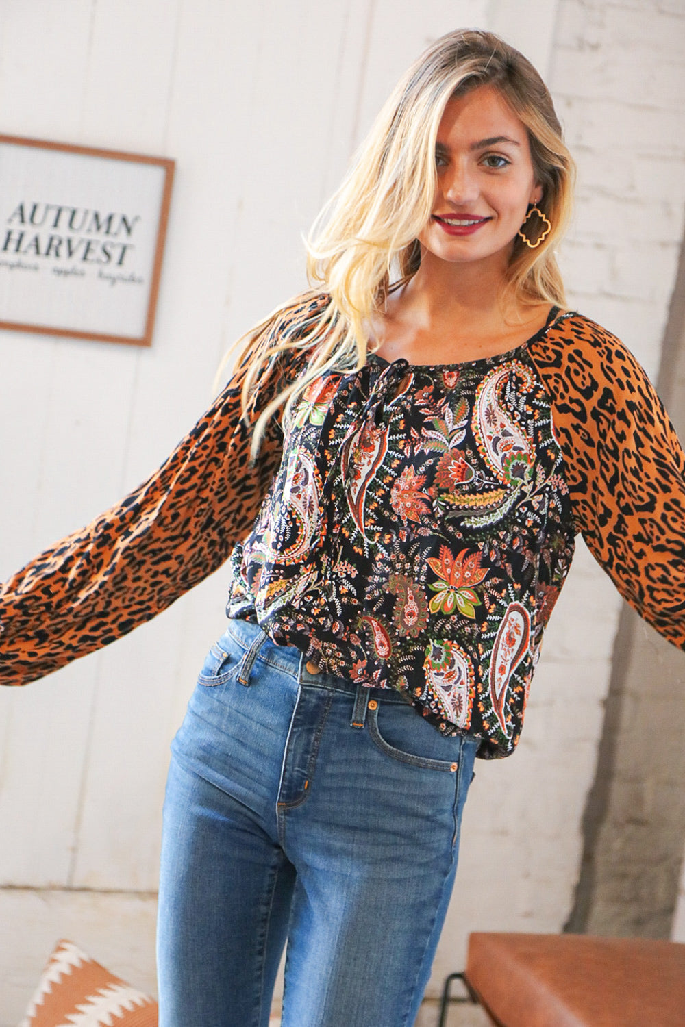 Boho Paisley Leopard Print Front Tie Woven Blouse