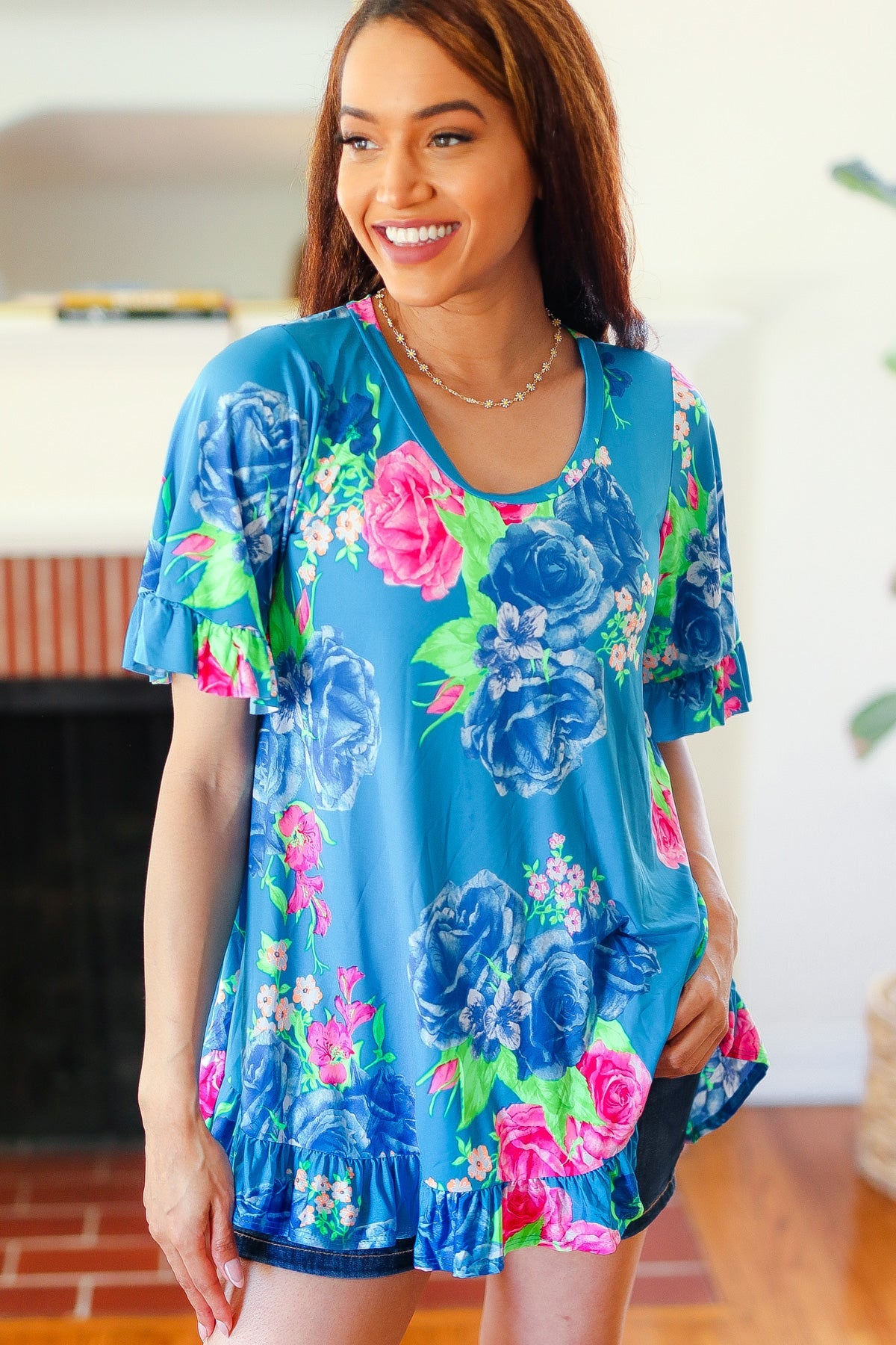 Feeling Playful Blue Floral Ruffle Sleeve & Hem Tunic Top