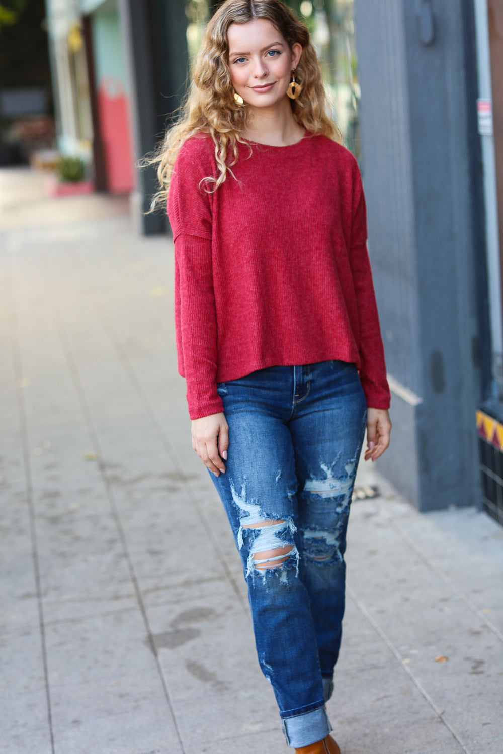 Stay Awhile Red Ribbed Dolman Cropped Sweater