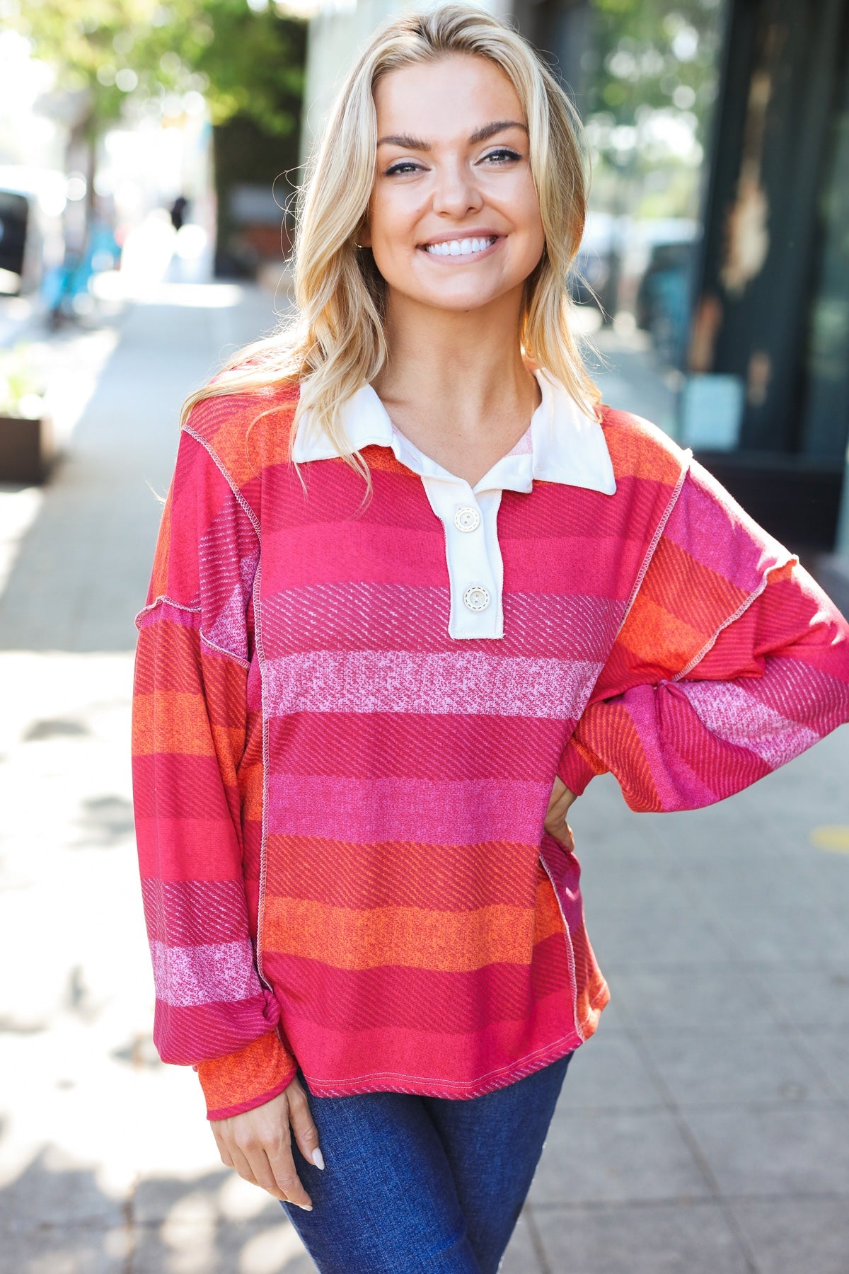 Be Bold Magenta Striped Button Down Placket Collared Top