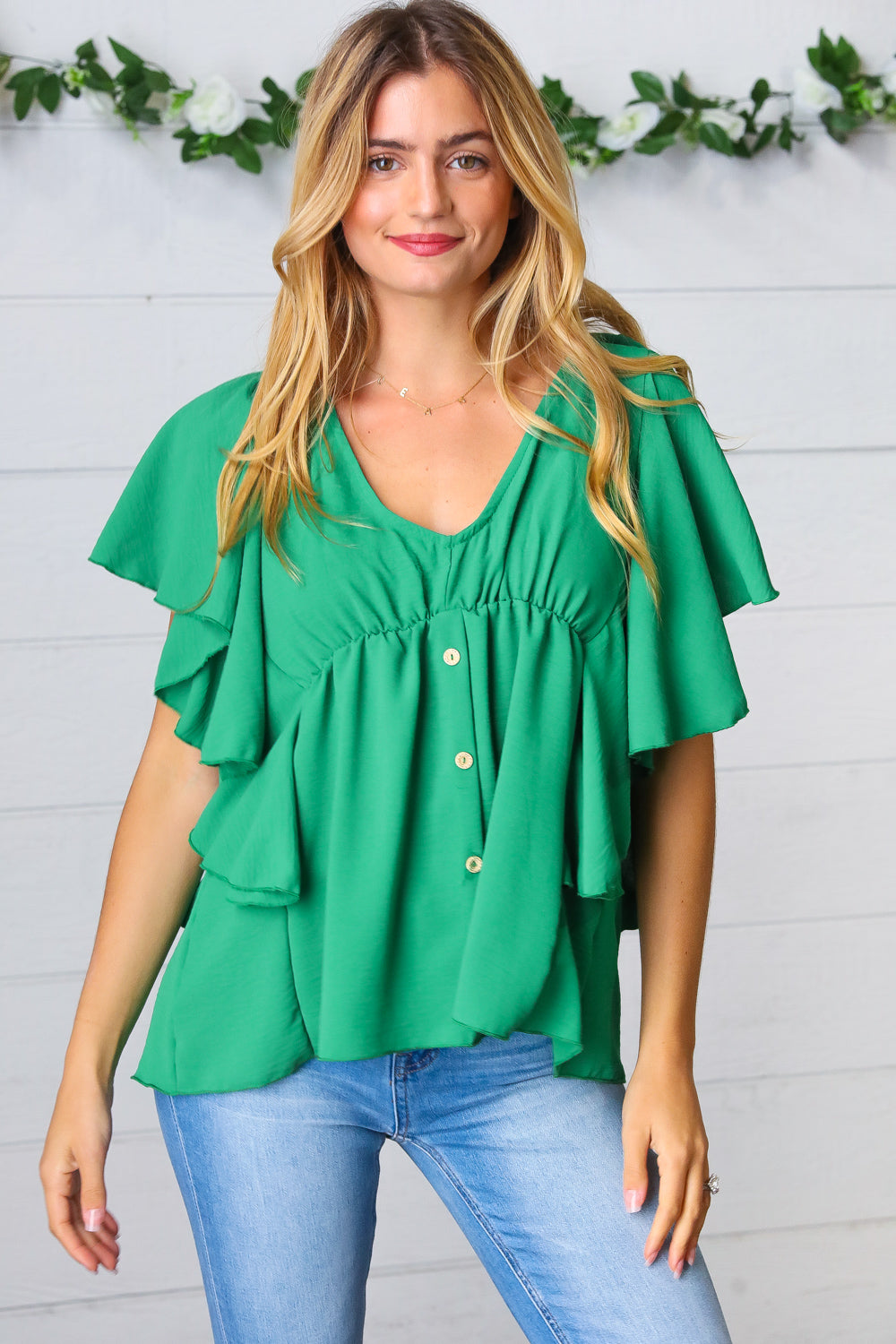 Sea Green Button Ruffle Woven Top