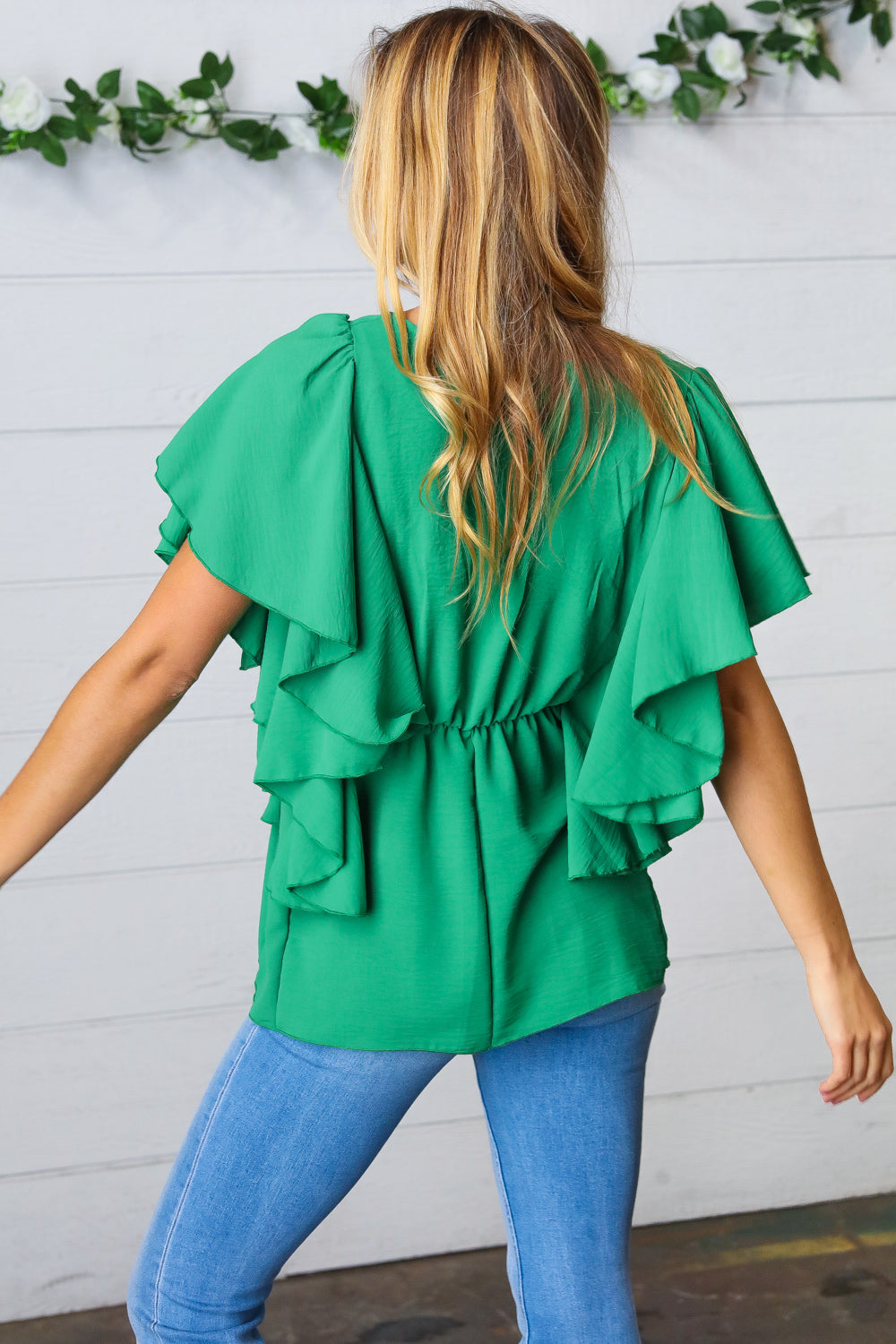 Sea Green Button Ruffle Woven Top