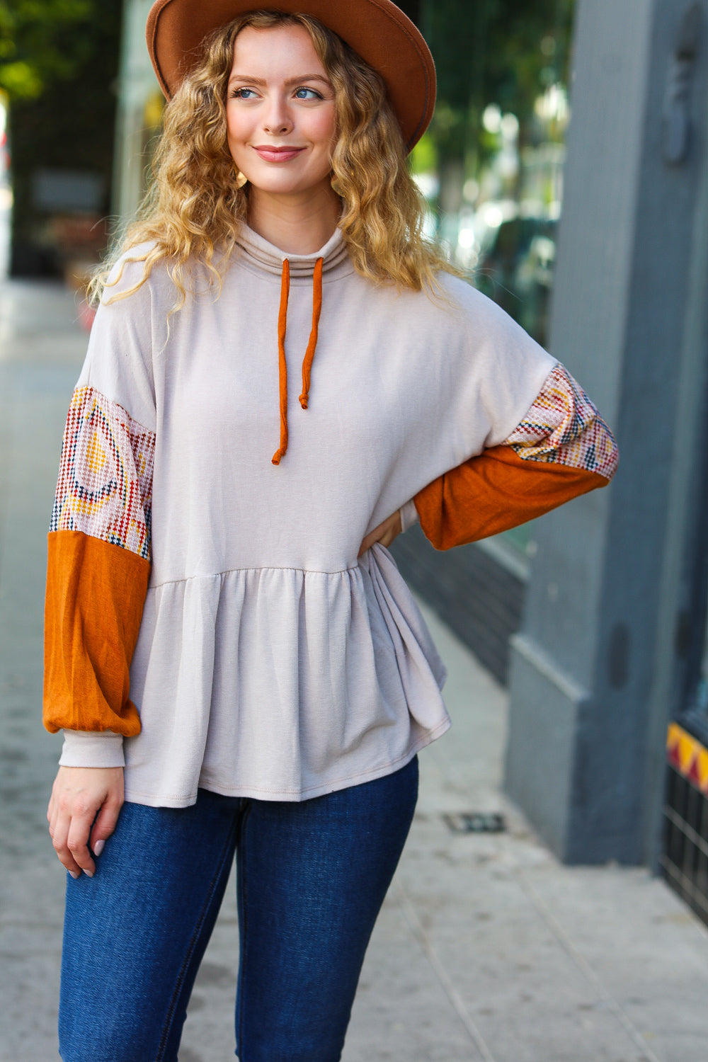 Taupe & Rust Turtleneck Babydoll Terry Top