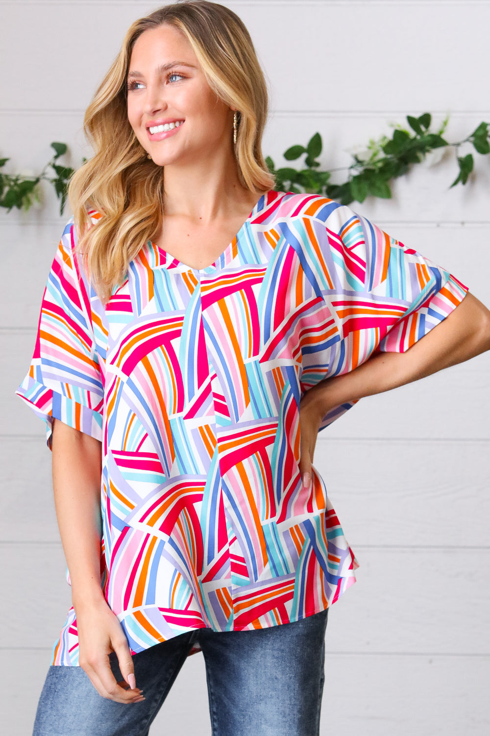 Blue & Fuchsia Geometric Print Woven Top