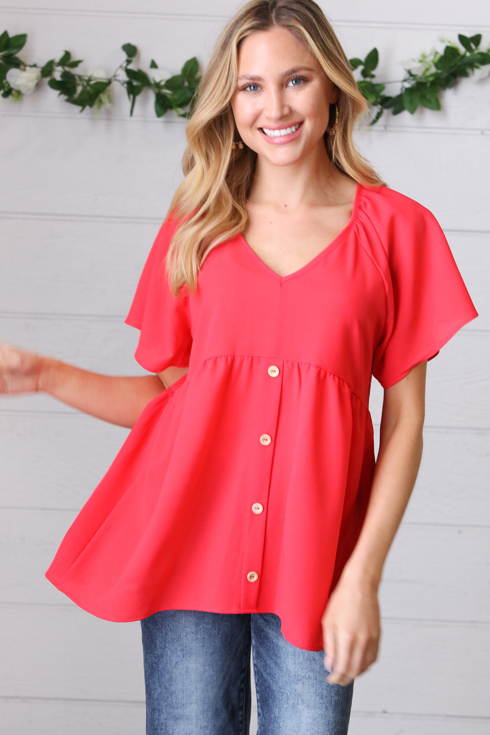 Cherry Red Babydoll Button Down Raglan Woven Top