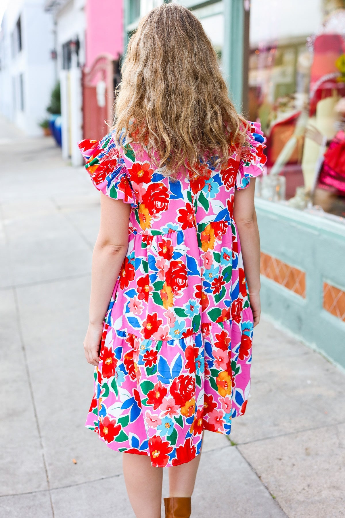 Love Found Pink Floral Smocked Ruffle Sleeve Tiered Dress