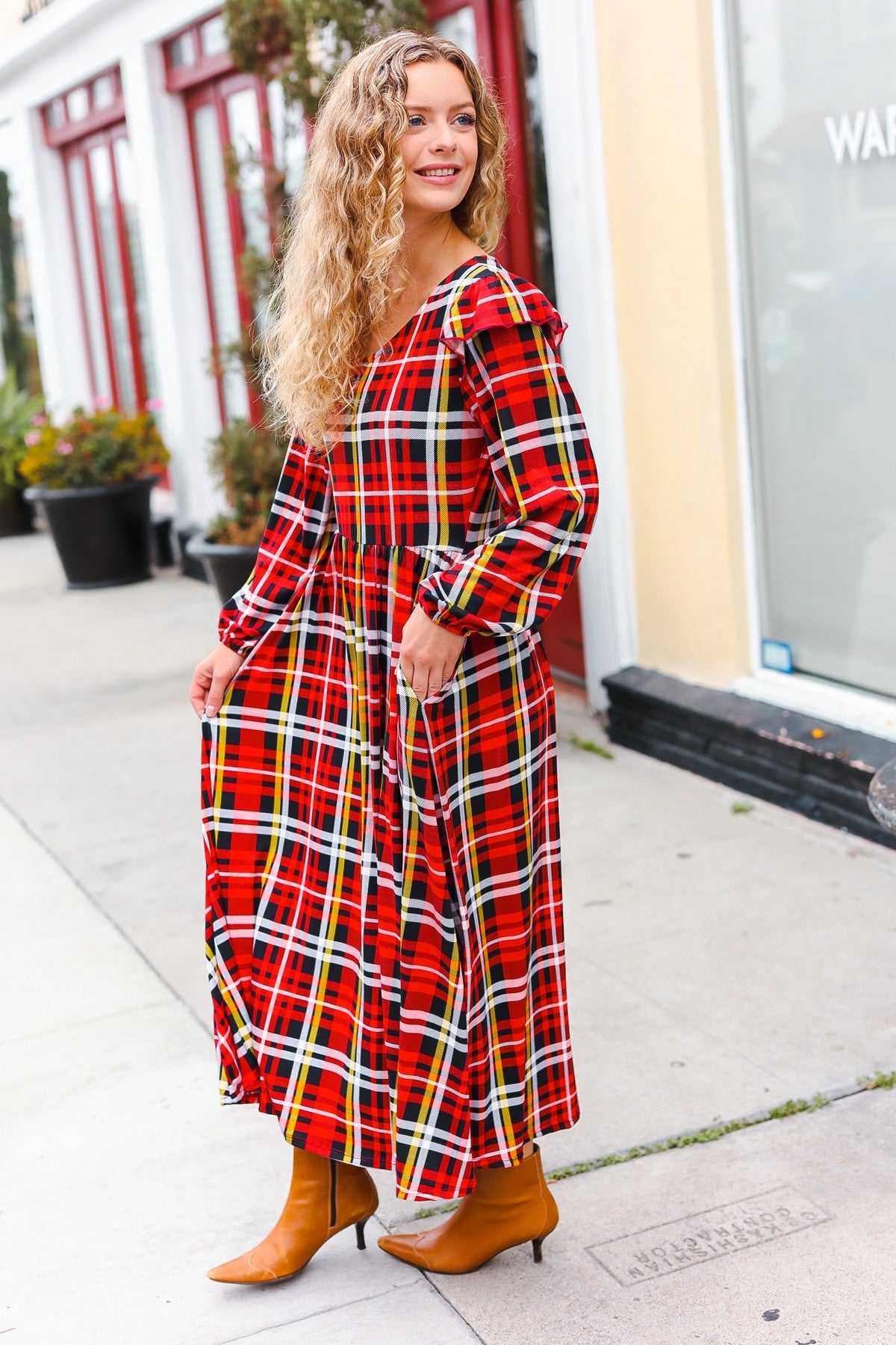 Adorable In Red Plaid Ruffle Detail Fit & Flare Midi Dress