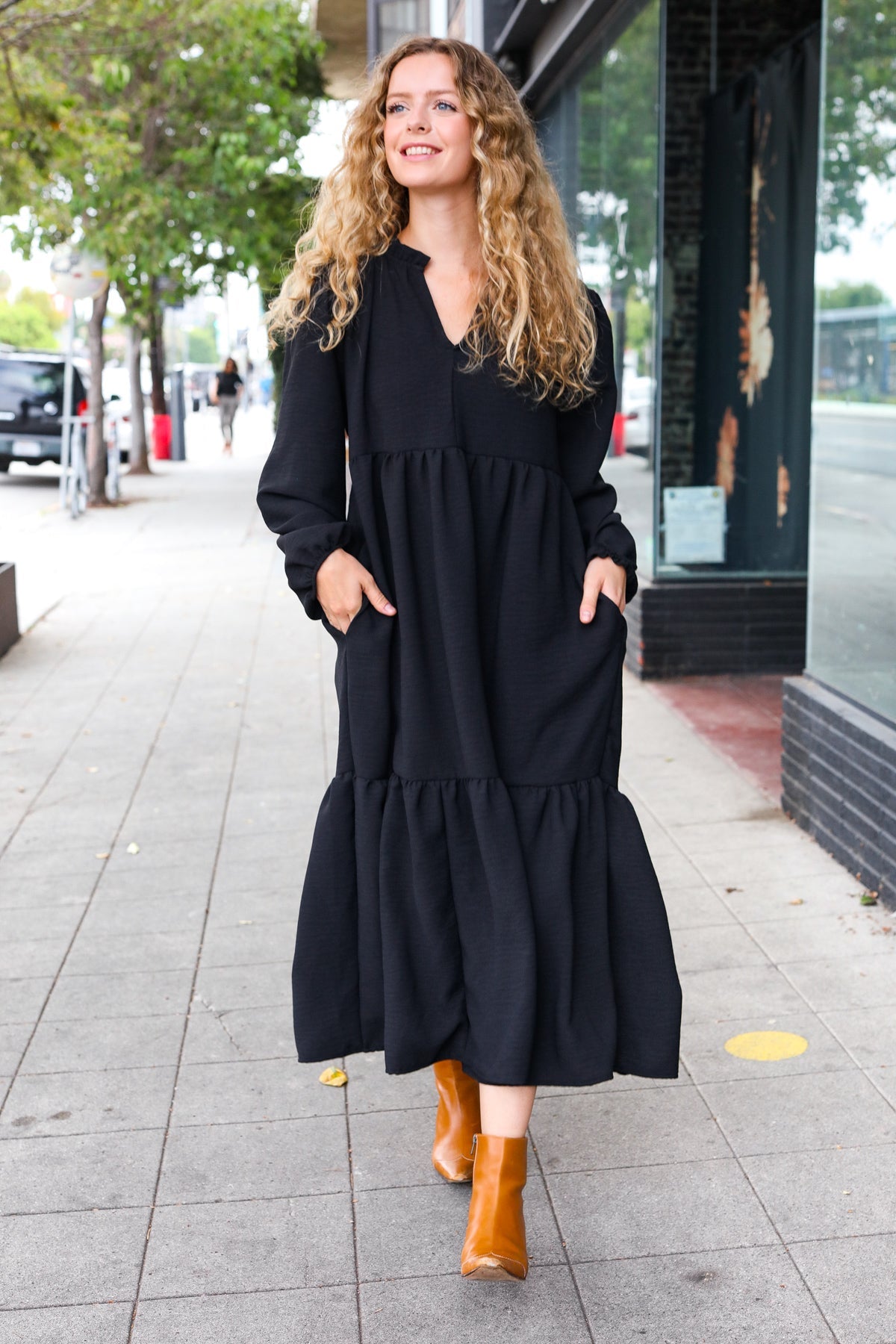 Lock Eyes Black Notched Neck Frill Hem Tiered Maxi Dress