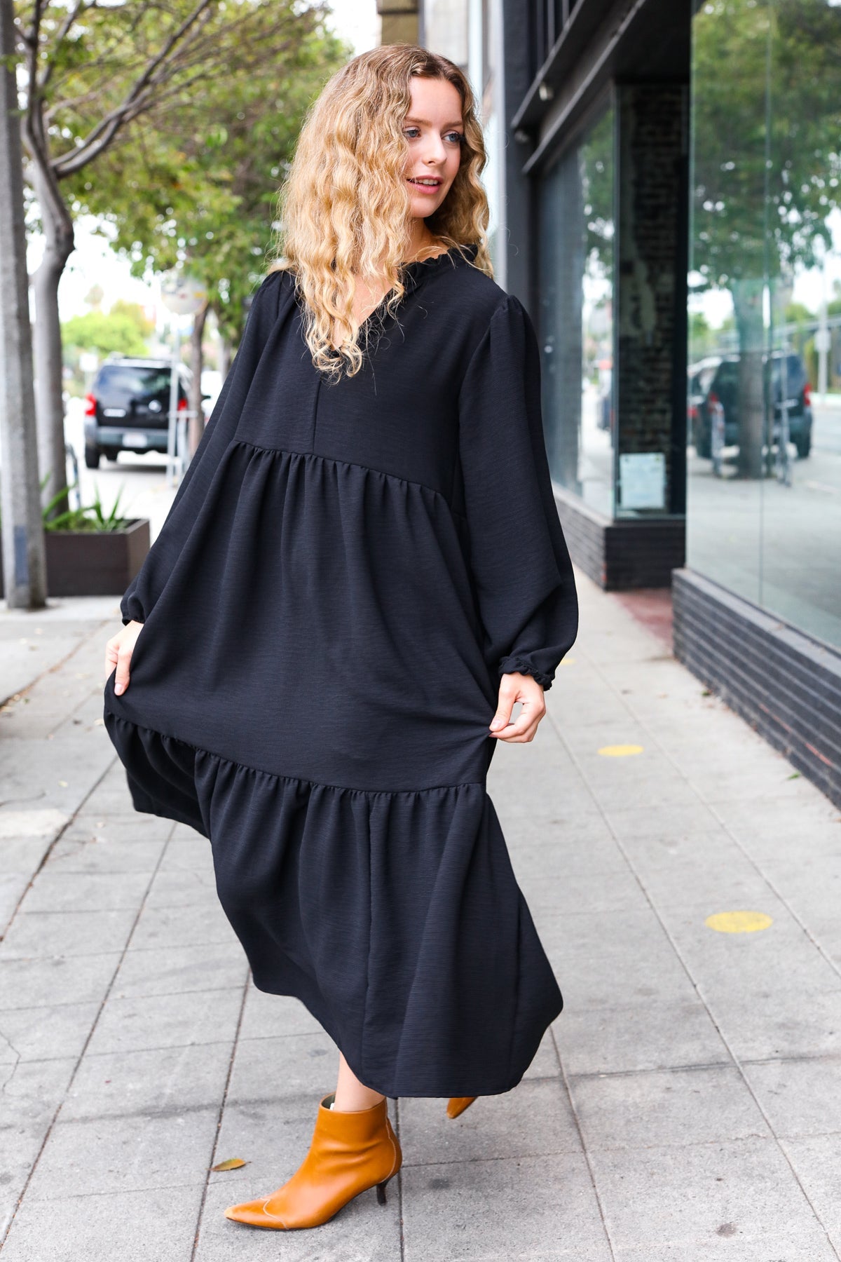 Lock Eyes Black Notched Neck Frill Hem Tiered Maxi Dress