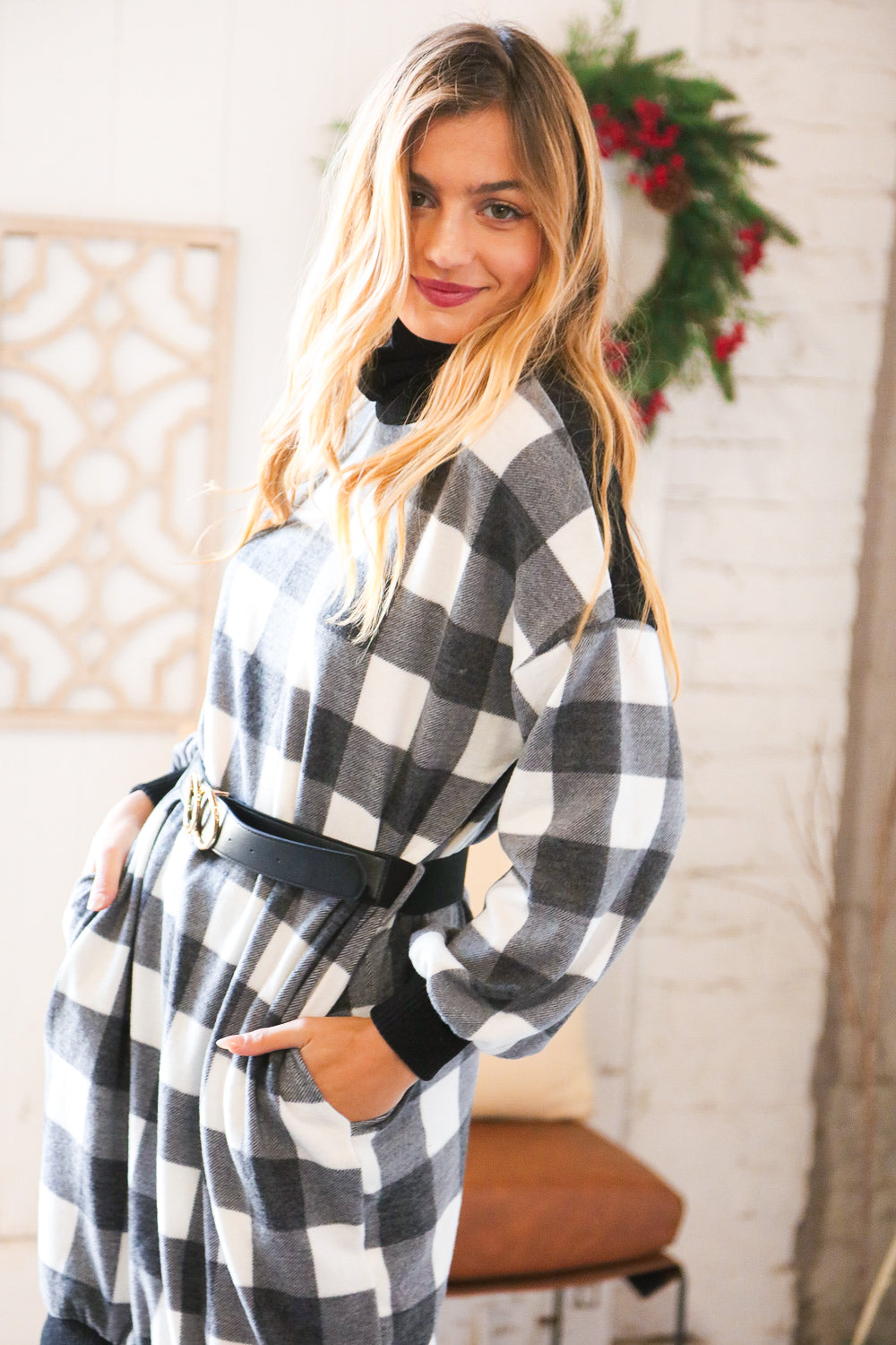 Black Buffalo Plaid Belted Sweater Dress