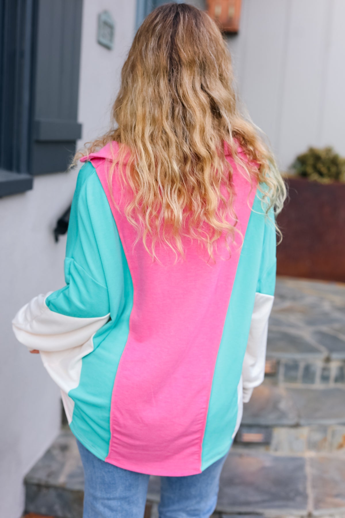 Stand Out Hot Pink & Mint V Neck Collared Terry Color Block Top