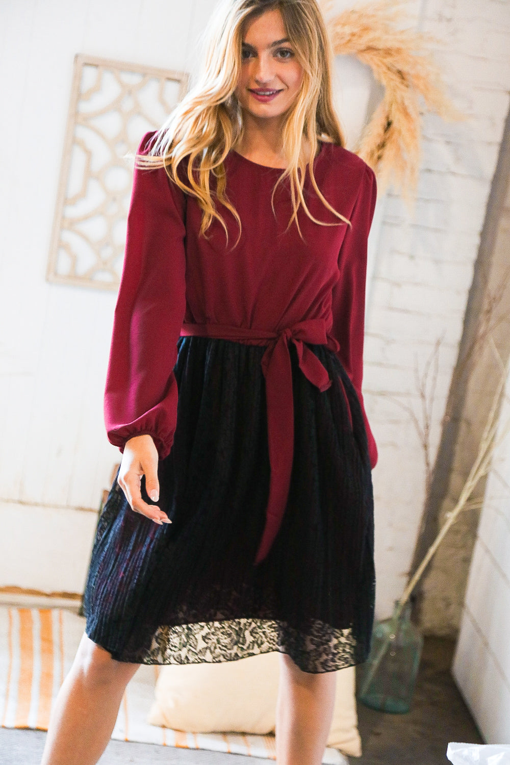 Maroon & Black Lace Overlay Sash Tie Dress