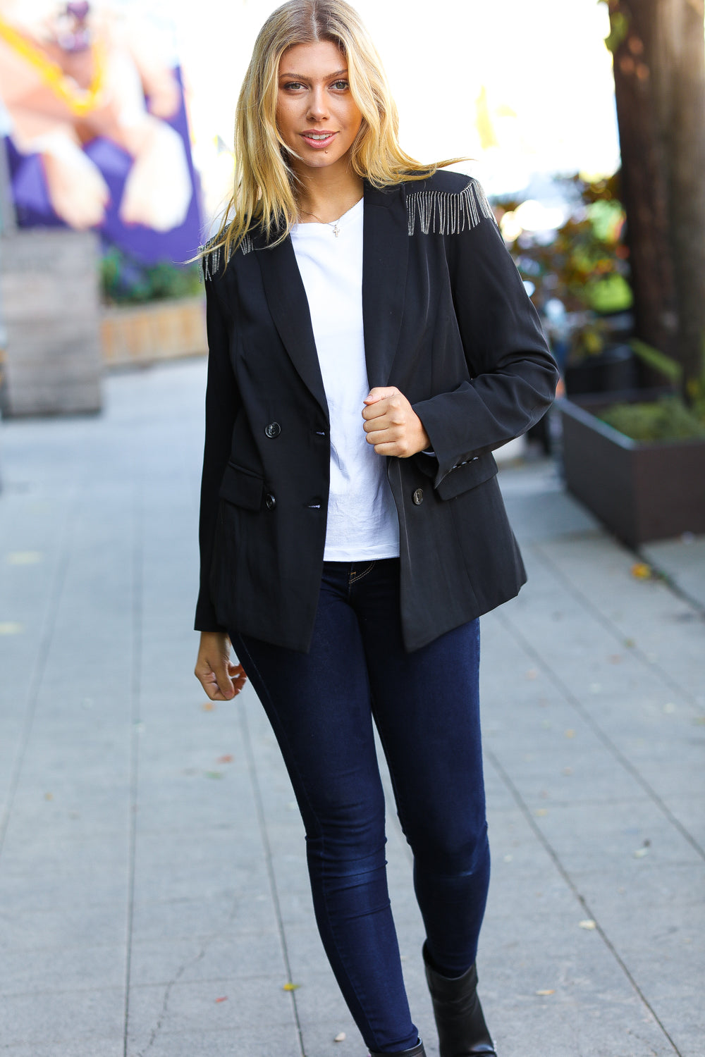 Holiday Ready Black Shoulder Tassel Fringe Blazer