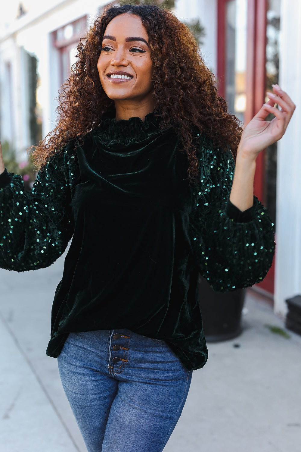 Under the Lights Green Velvet & Sequin Frill Mock Neck Top