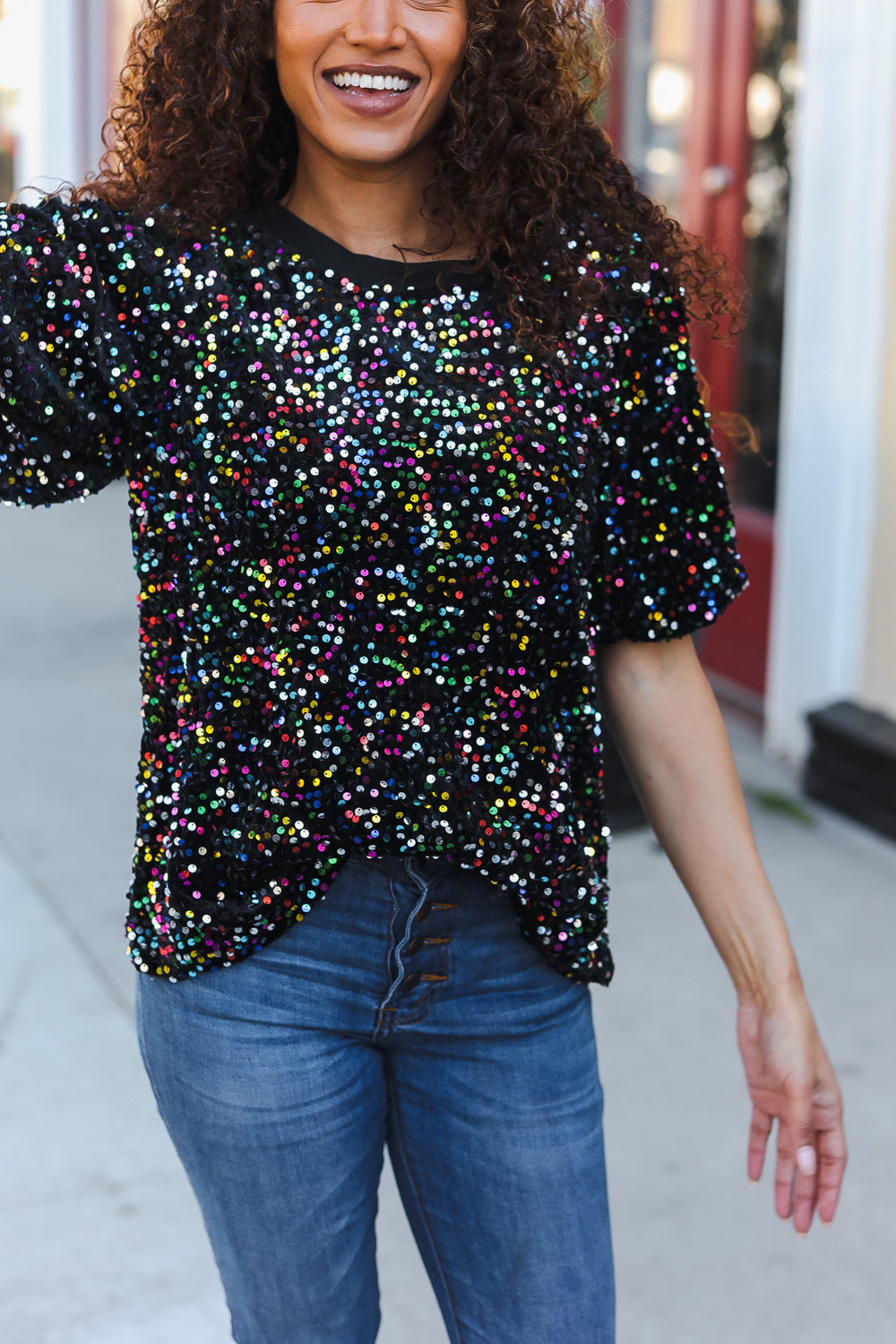 Holiday Ready Black Velvet Multicolor Sequin Puff Sleeve Top