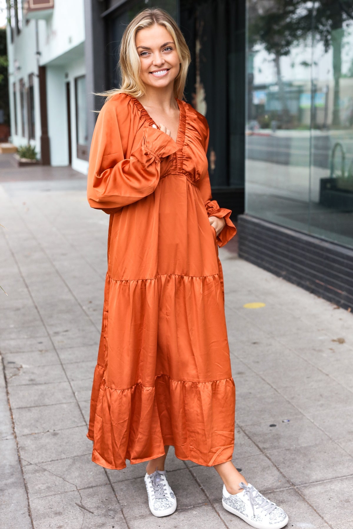 Elegant Rust Elastic V Neck Tiered Satin Maxi Dress