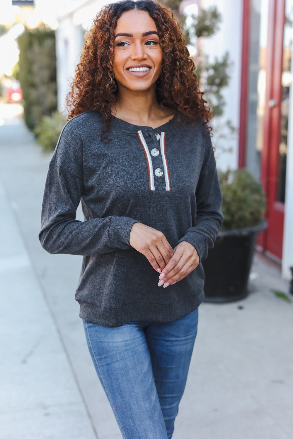 Casual Days Grey Ribbed Knit Button Down Henley Pullover