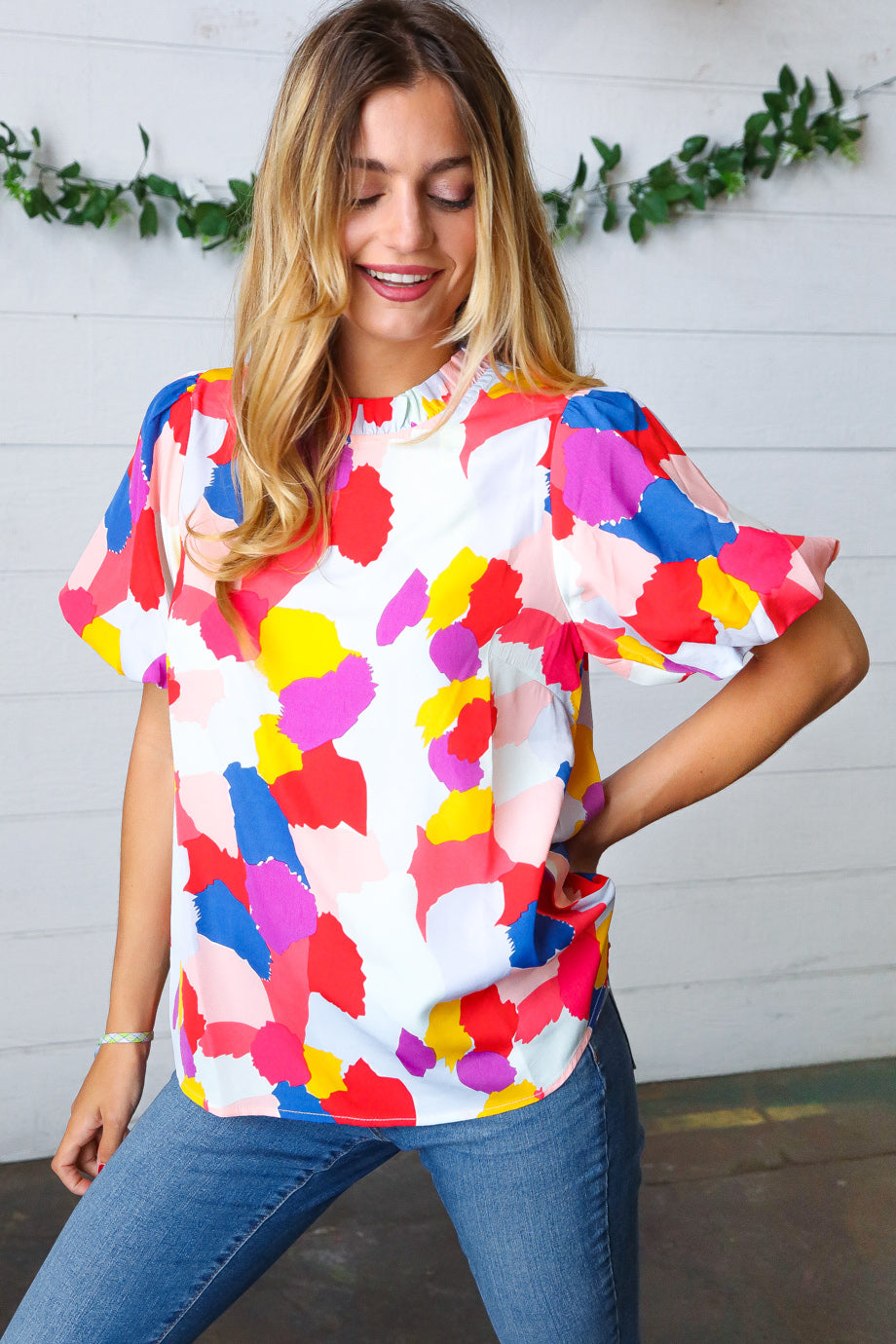 Multicolor Print Frilled Mock Neck Puff Sleeve Top