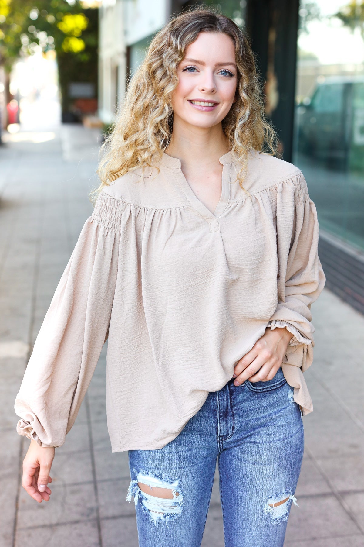 Boho Vibes Taupe Notched Neck Smocked Bubble Sleeve Top