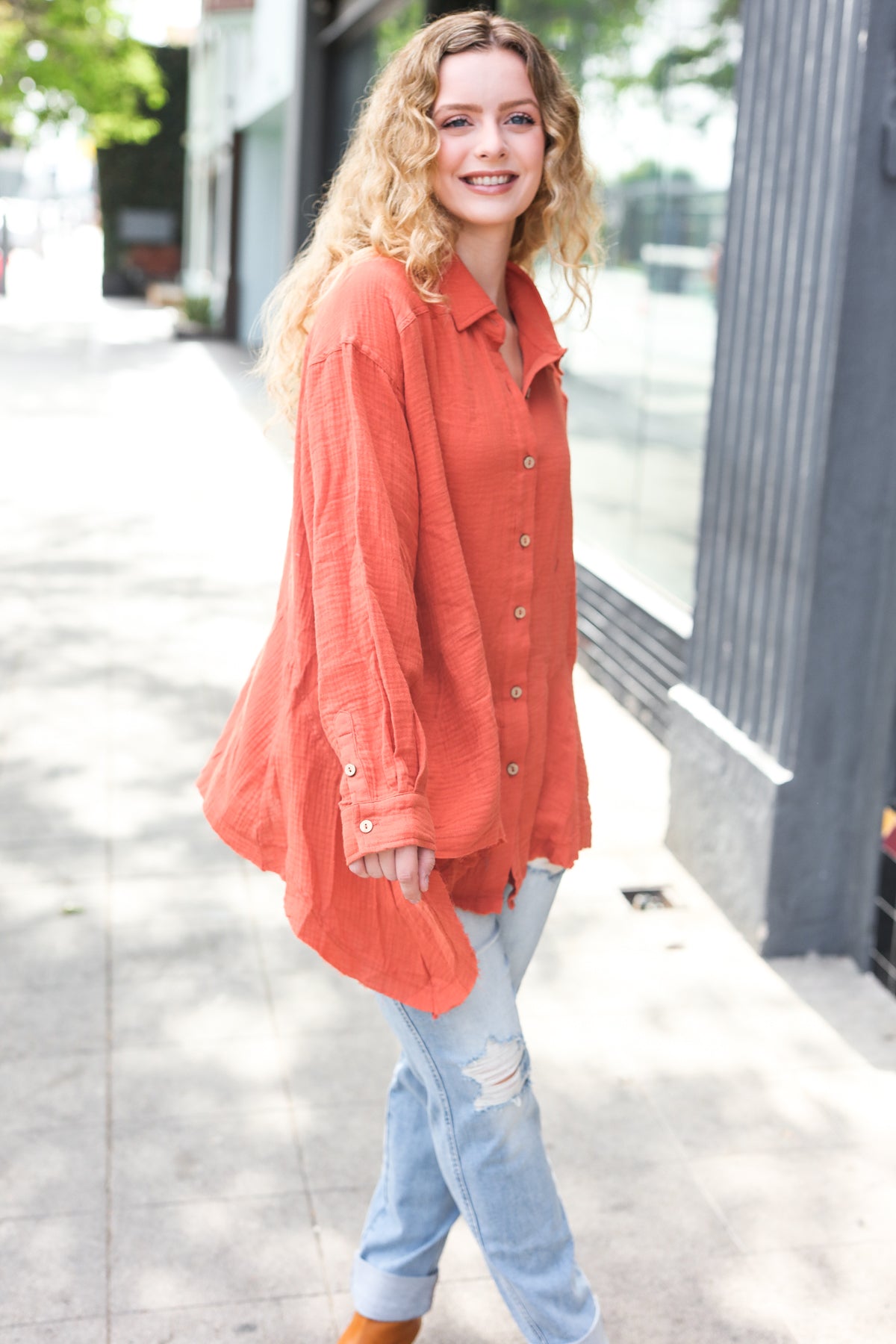 Everyday Rust Button Down Sharkbite Cotton Tunic Top