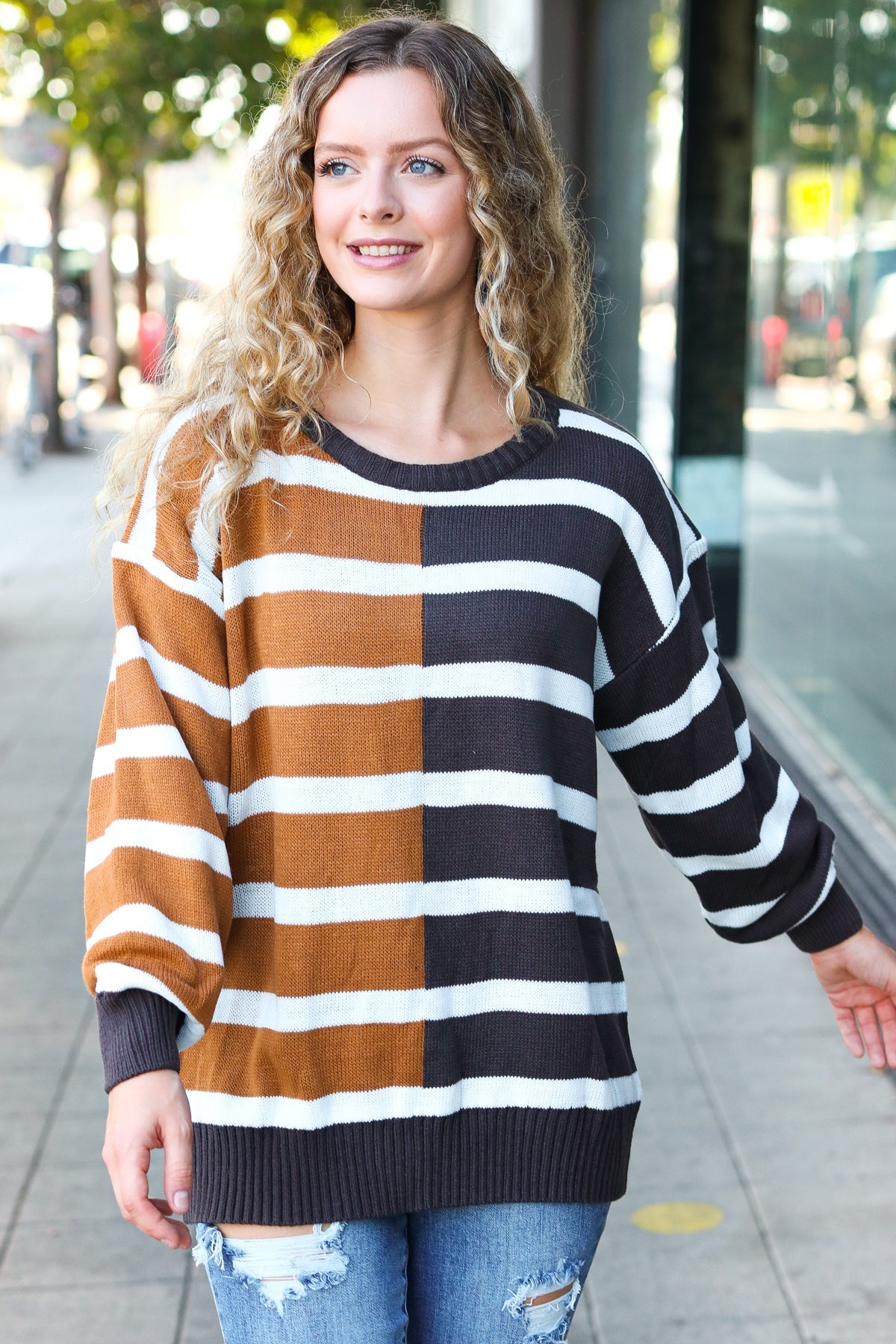 Camel & Charcoal Striped Color Block Sweater