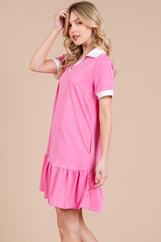 Ces Femme Ruffled Hem Johnny Collar Short Sleeve Dress