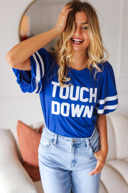 Stand Out Blue "TOUCHDOWN" Sequin Bubble Sleeve Game Day Top