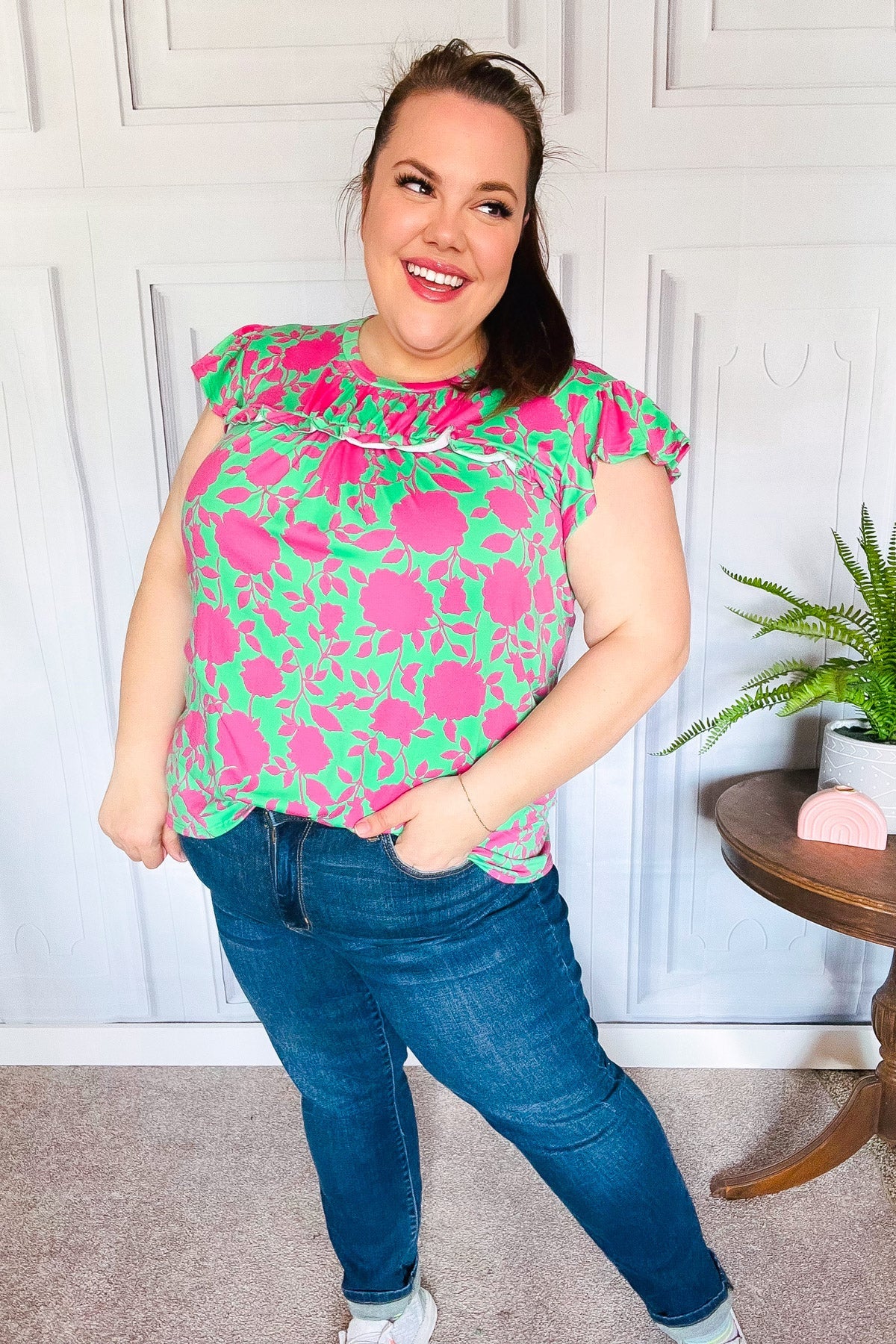 Sassy Green & Fuchsia Floral Ruffle Short Sleeve Yoke Top