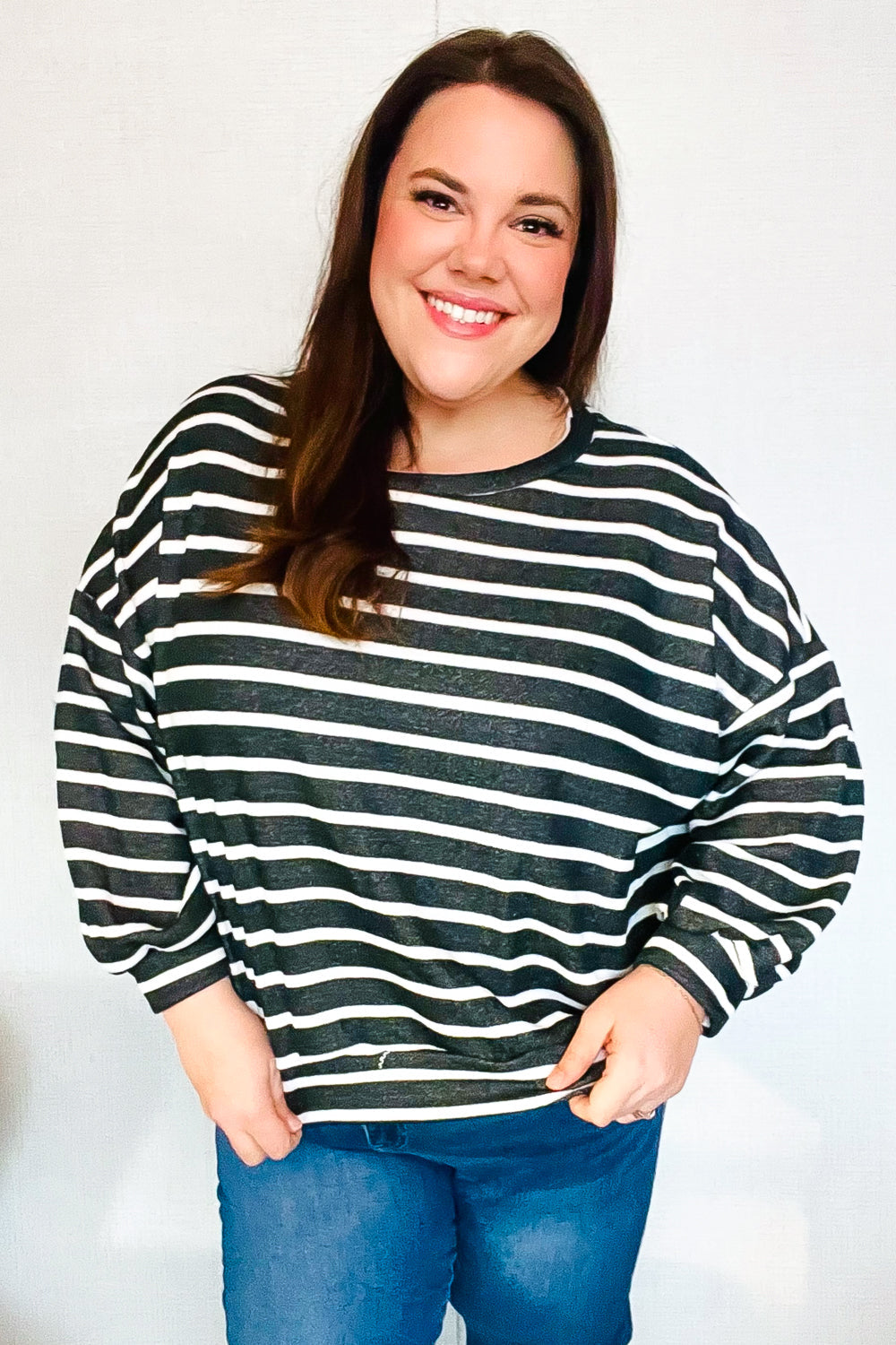 Look Striking Charcoal Stripe Terry Banded Dolman Pullover