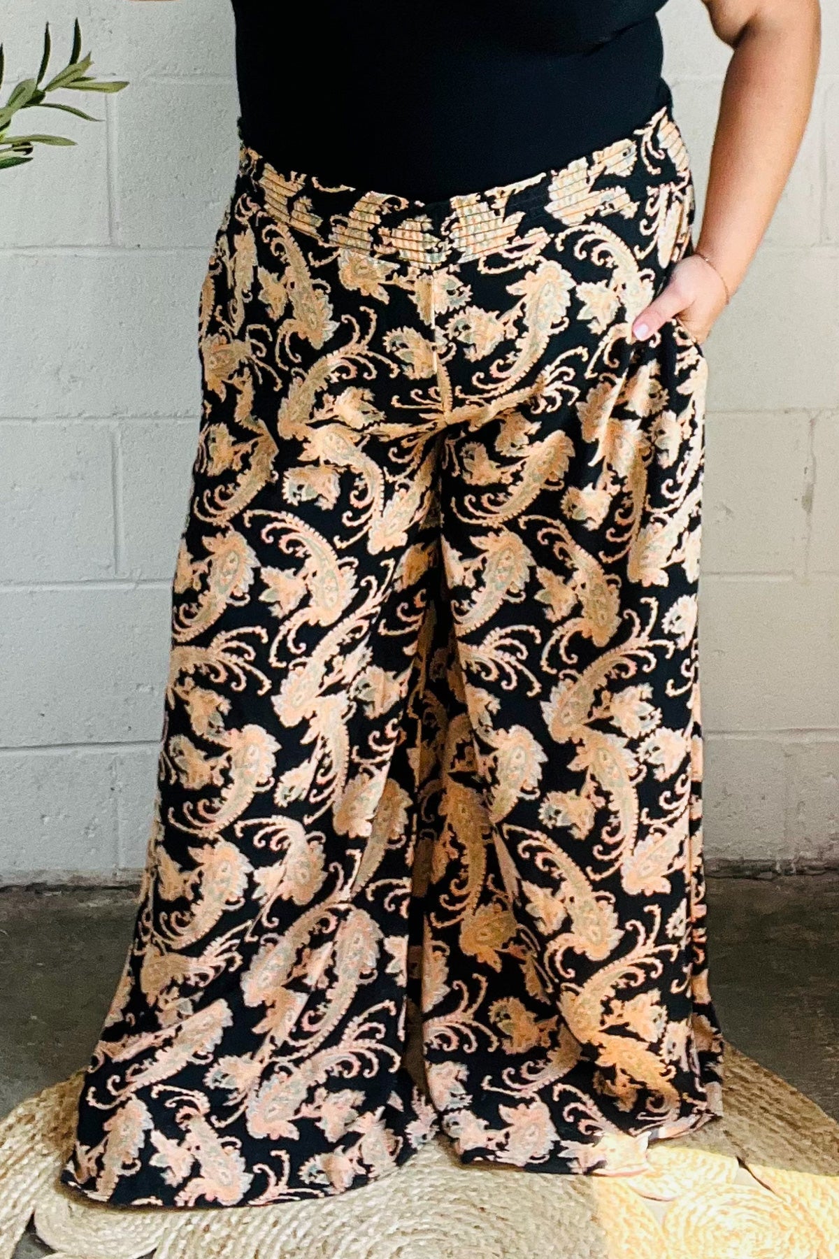 Fall Vibes Black Paisley Print Smocked Waist Palazzo Pants